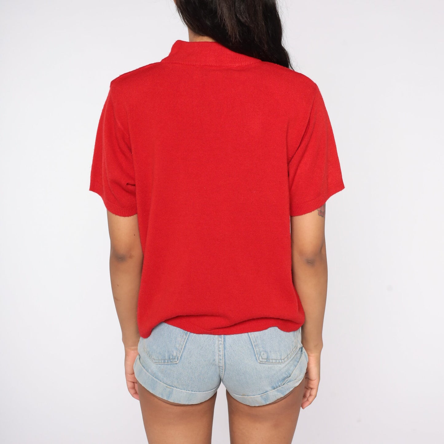 90s Red Knit Mock Neck Short Sleeve Top Medium M