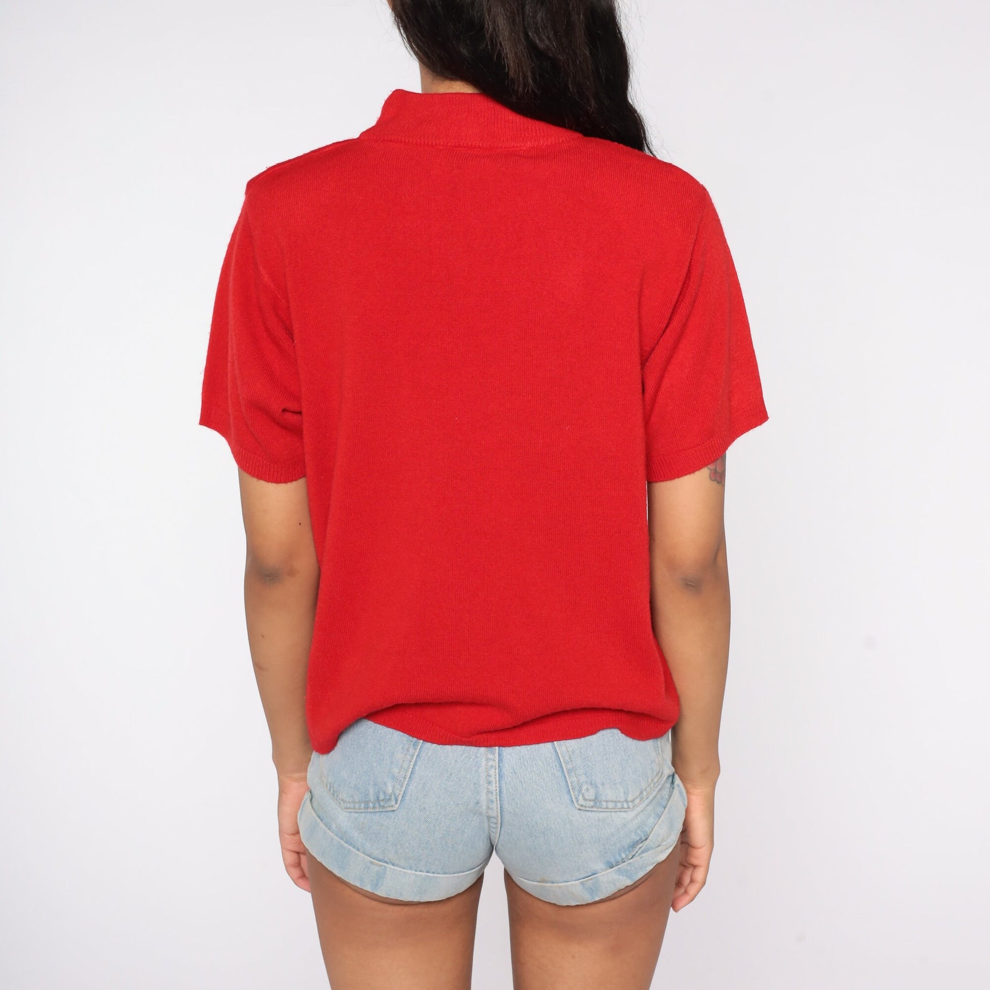 90s Red Knit Mock Neck Short Sleeve Top Medium M