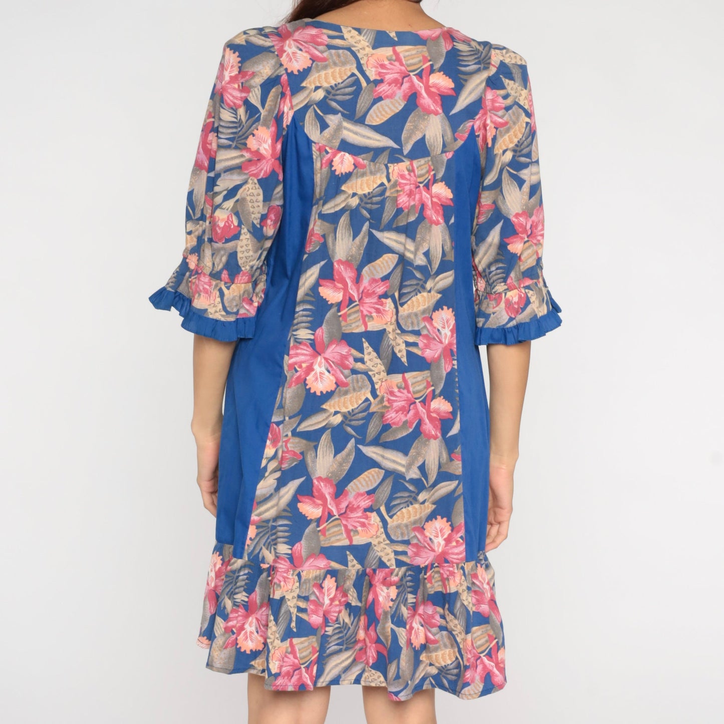 80s Tori Richard Tropical Floral Mini Dress Blue Button-Up Small