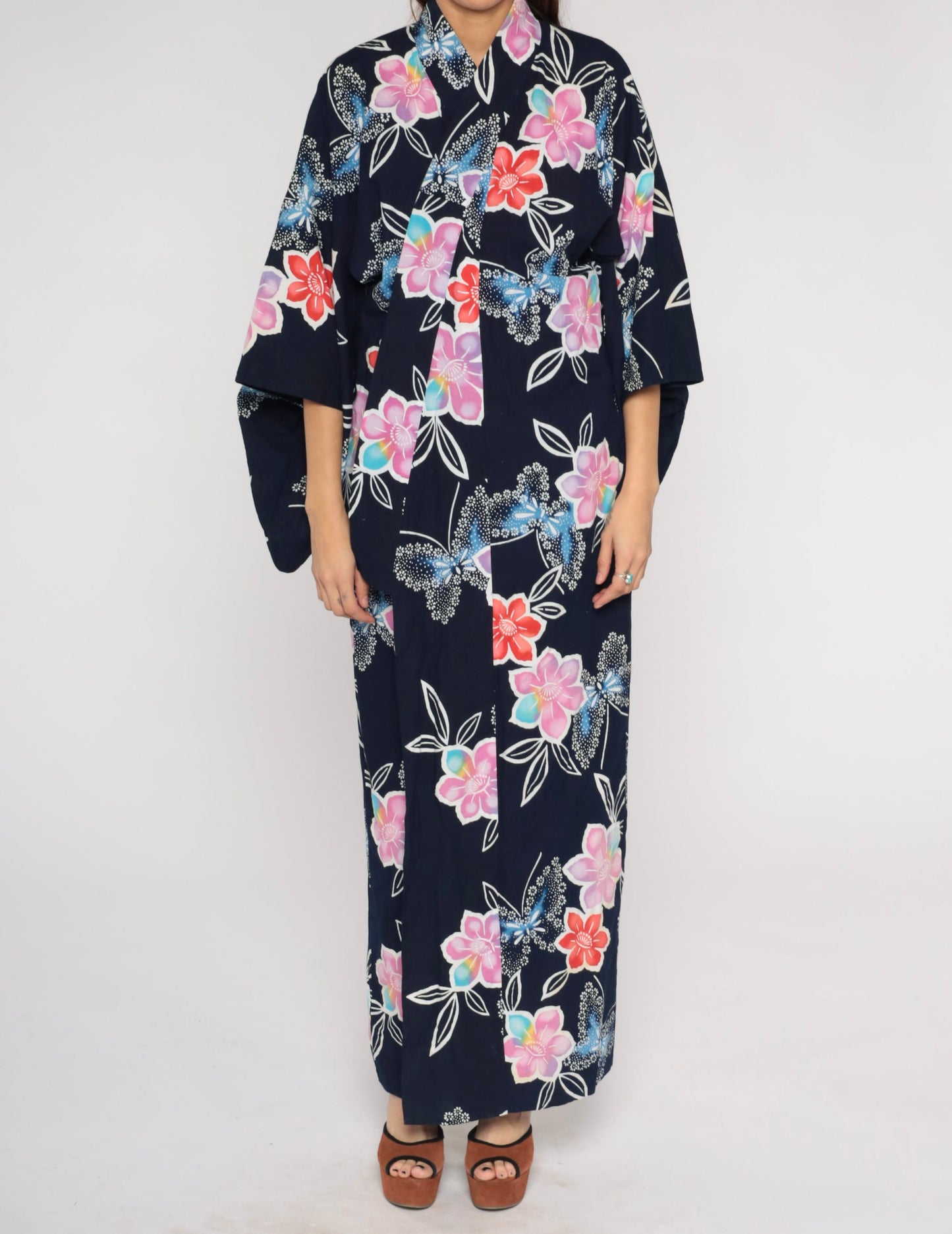 Y2K Navy Floral Butterfly Kimono Robe Maxi Cotton Open Front Medium