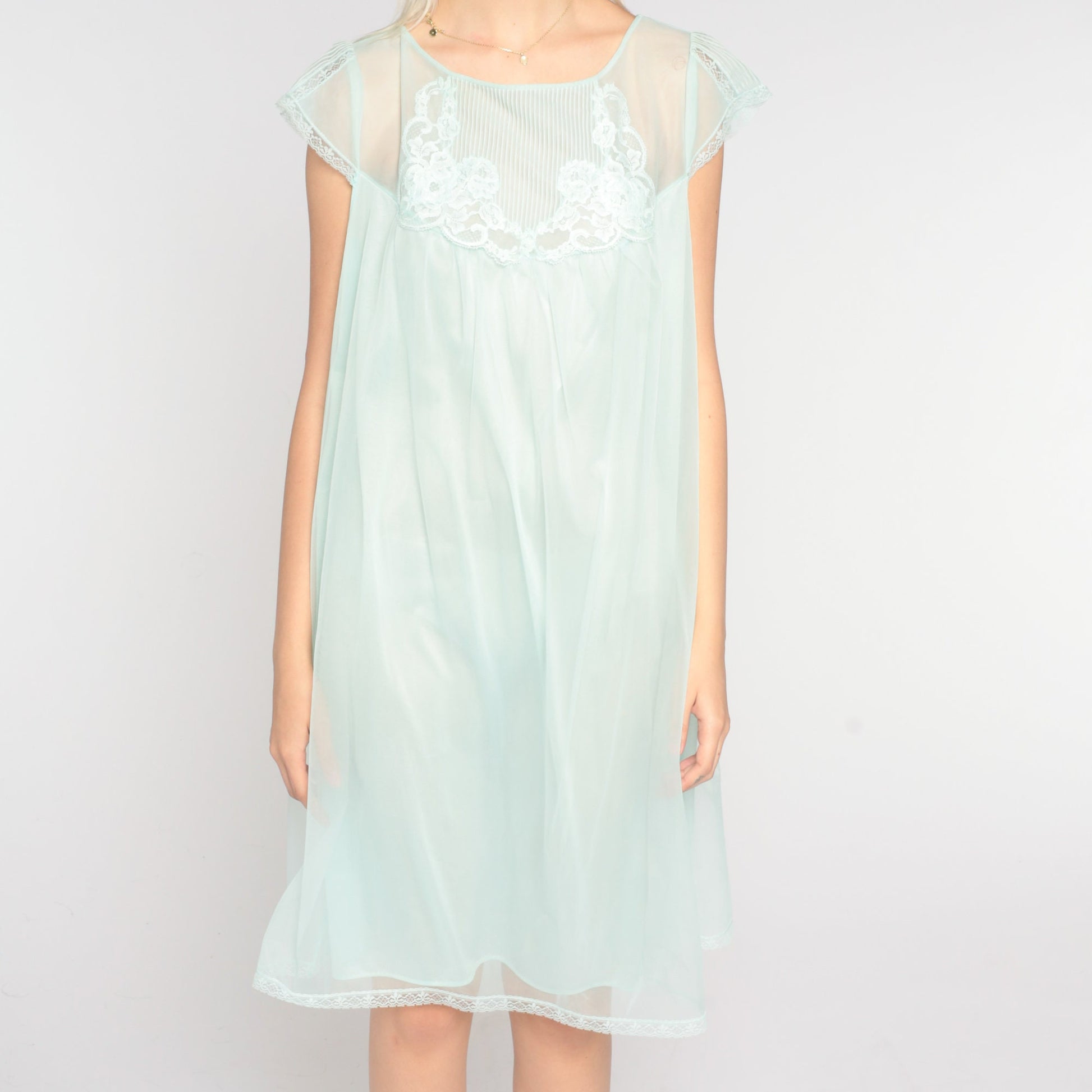 70s Mint Nylon Nightgown Lace Trim Mini Babydoll Slip Dress Large