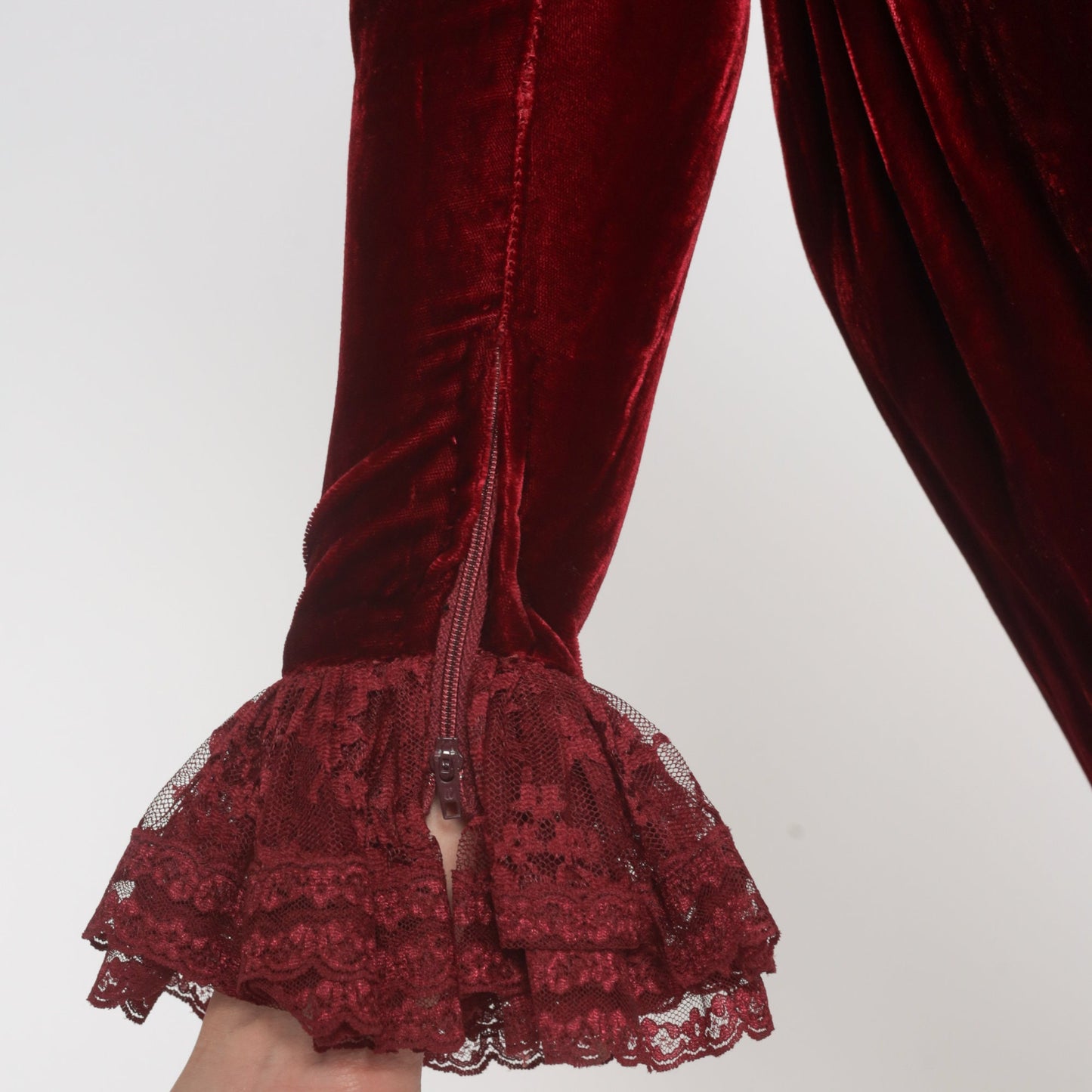 60s Red Velvet Midi Dress Lace Ruffle Long Sleeve High Waist Extra Small
