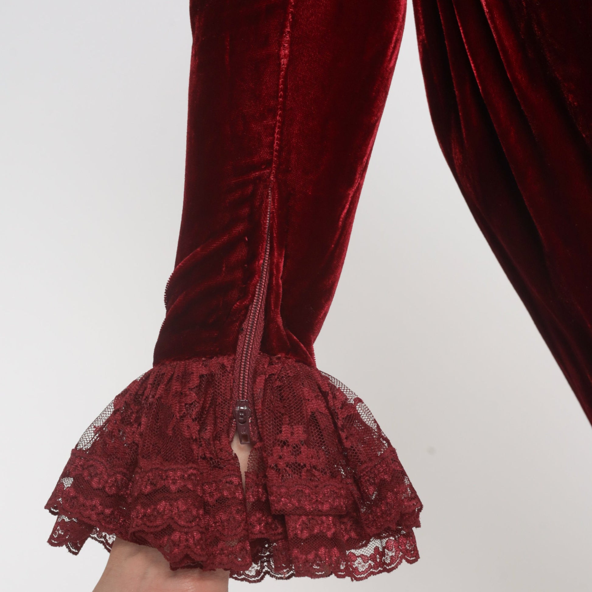 60s Red Velvet Midi Dress Lace Ruffle Long Sleeve High Waist Extra Small