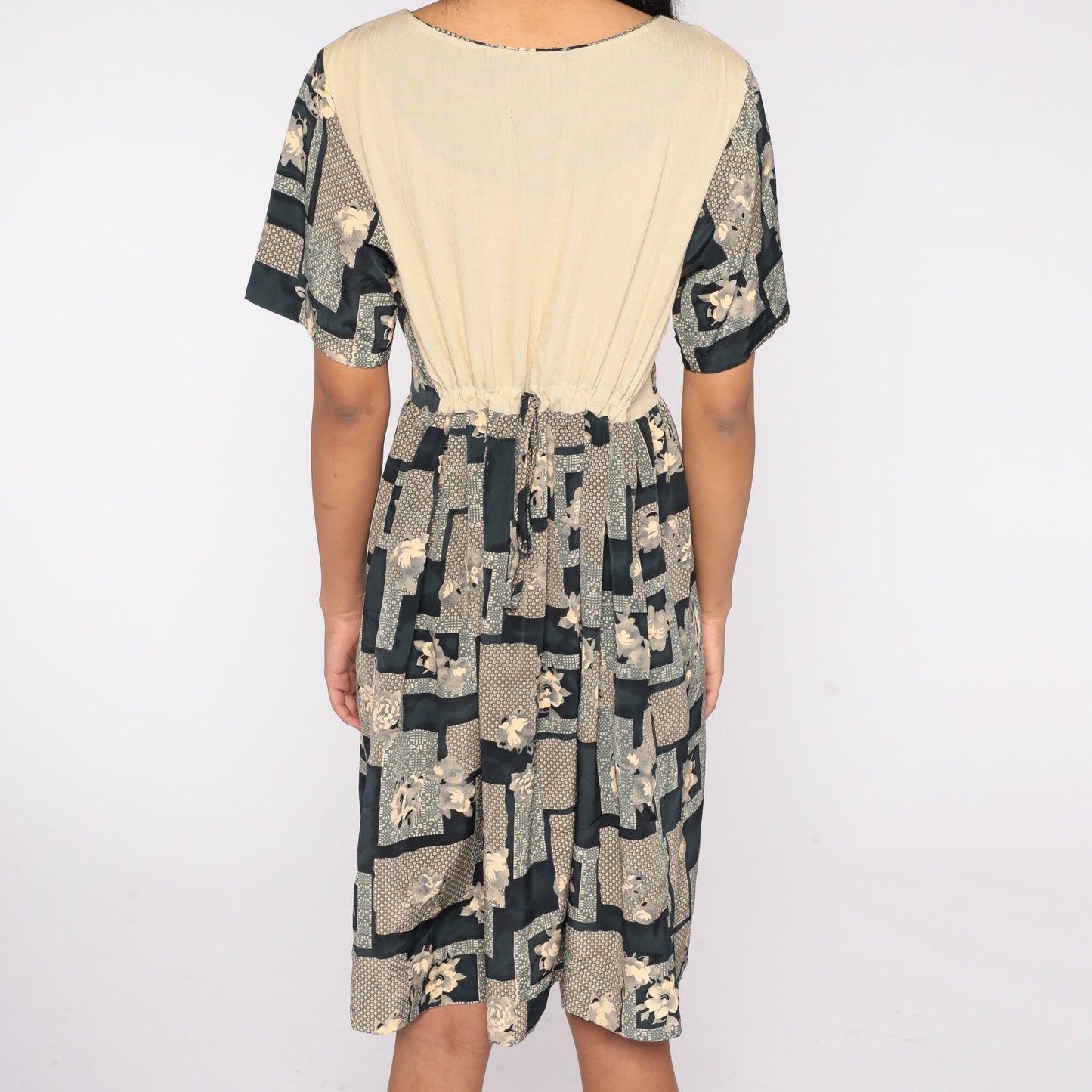 90s Geometric Floral Midi Dress High Waist Short Sleeve Taupe Medium