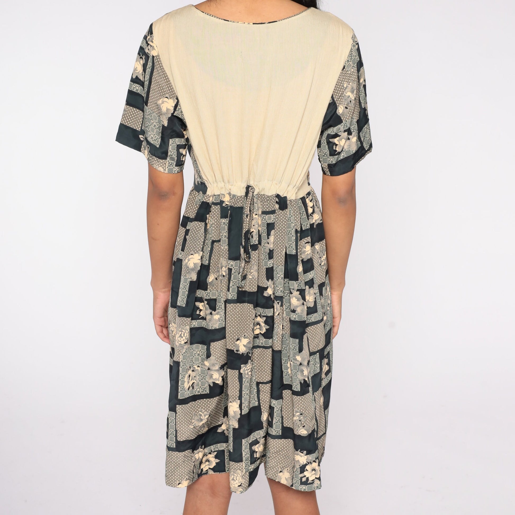 90s Geometric Floral Midi Dress High Waist Short Sleeve Taupe Medium