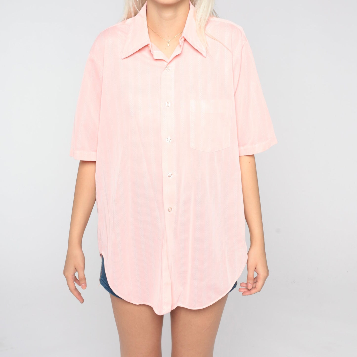 70s Baby Pink Button-Up Shirt Dagger Collar Short Sleeve Men's Large