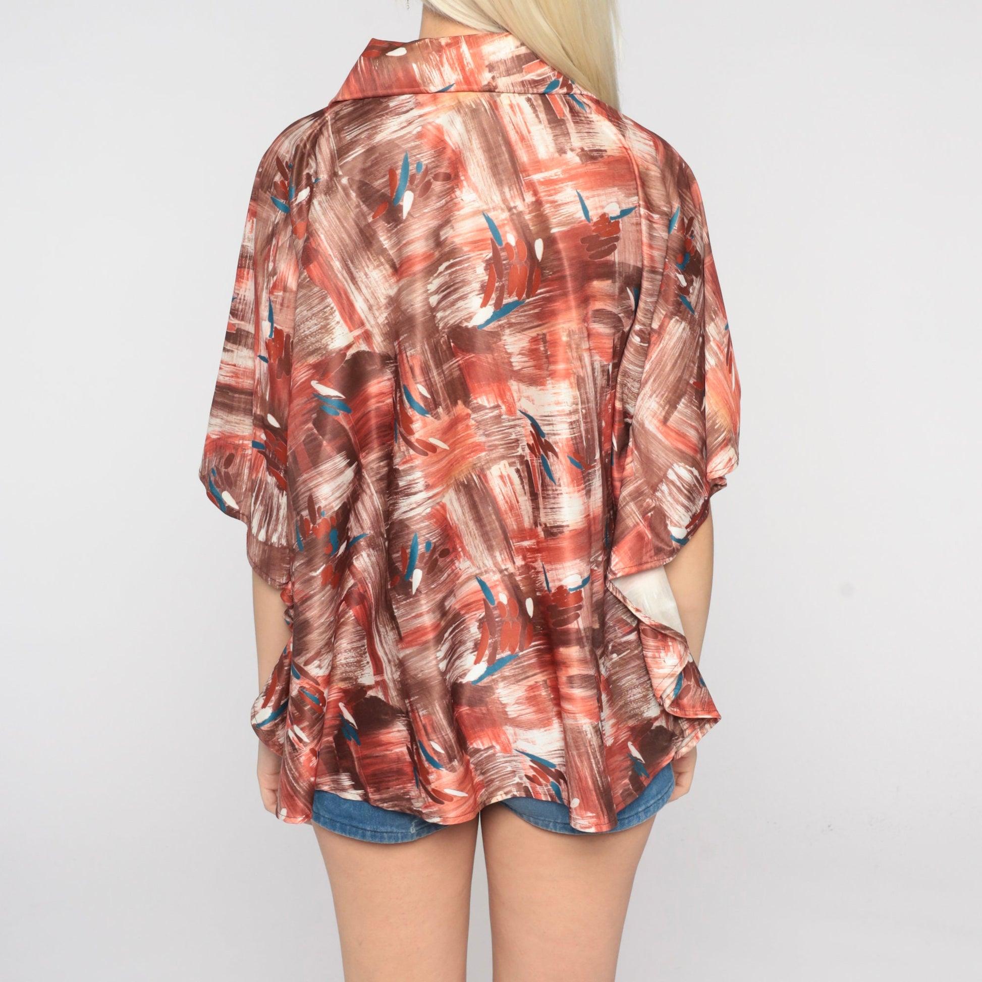 70s Angel Sleeve Zip Blouse Abstract Brushstroke Print Shirt One Size