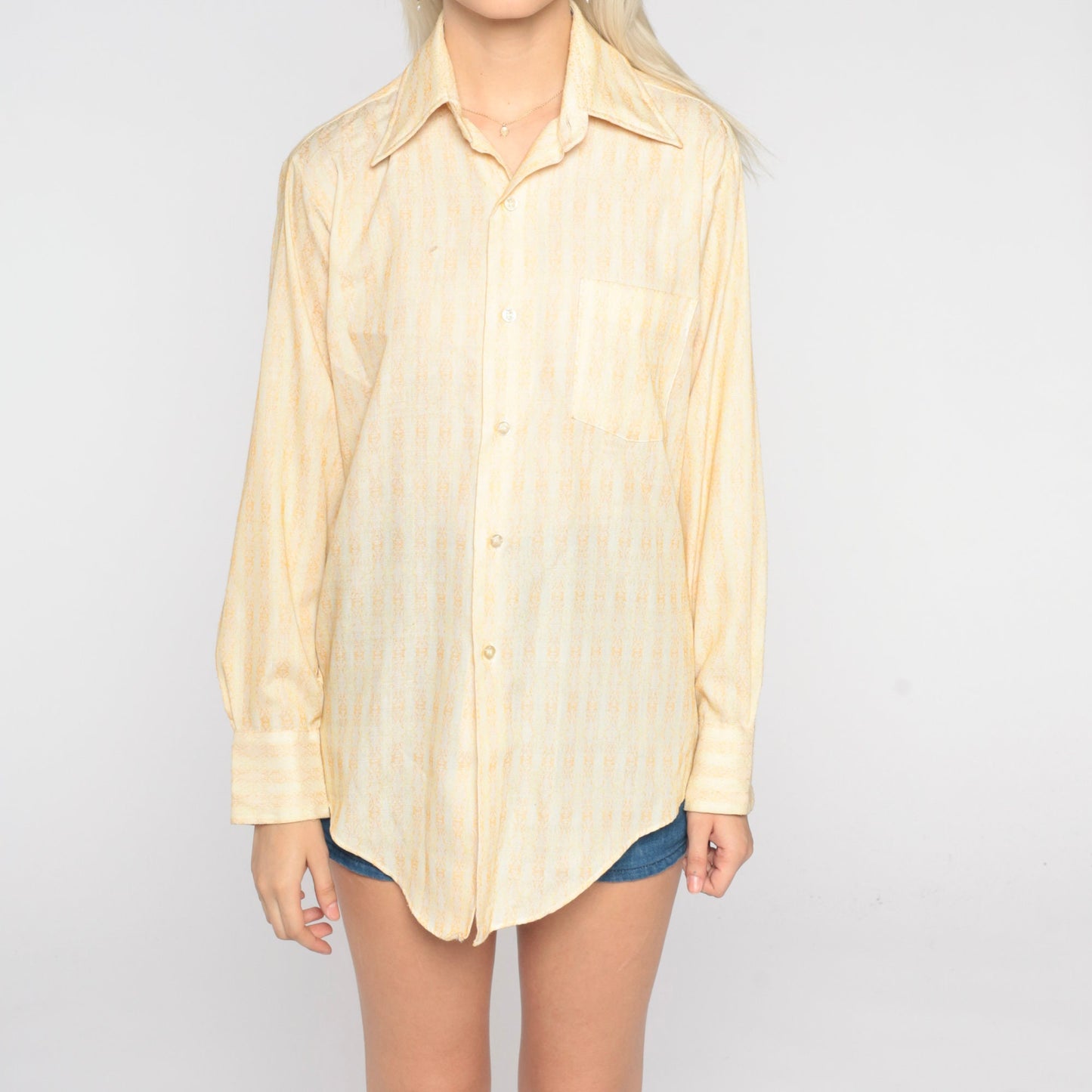 70s Yellow Geometric Striped Button-Up Shirt Pointed Collar Long Sleeve Medium