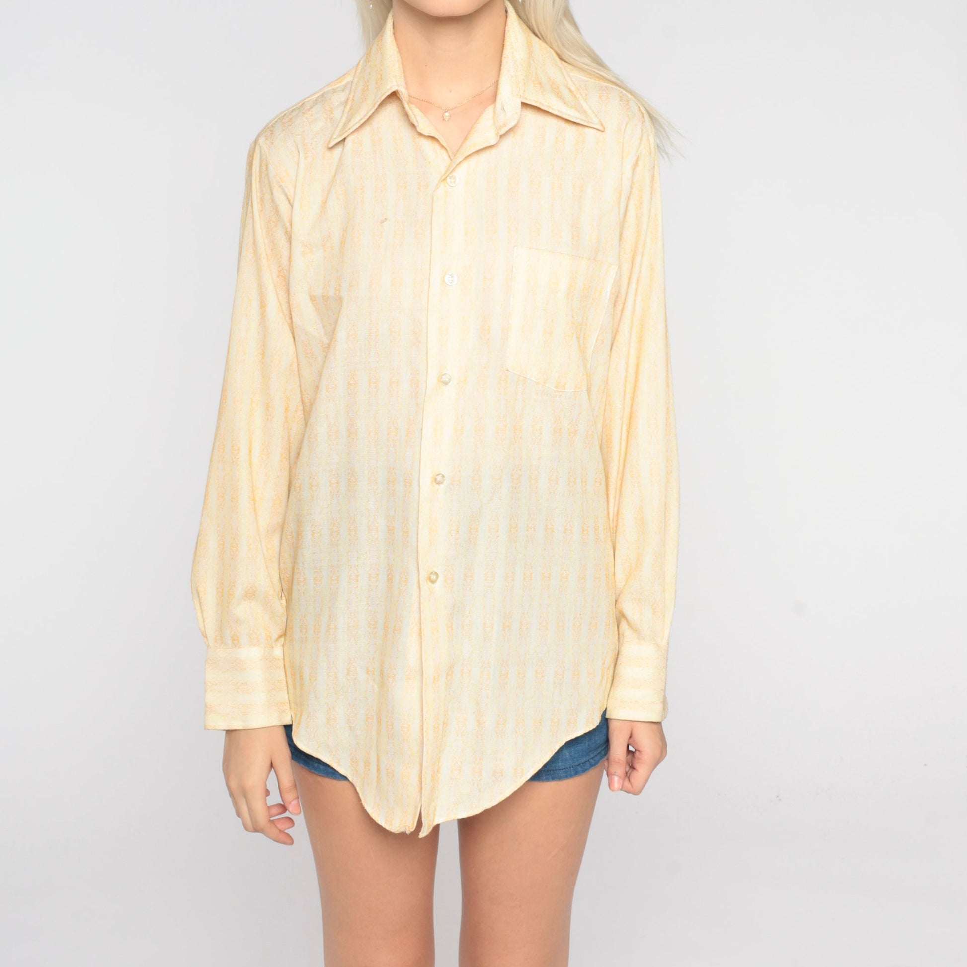 70s Yellow Geometric Striped Button-Up Shirt Pointed Collar Long Sleeve Medium