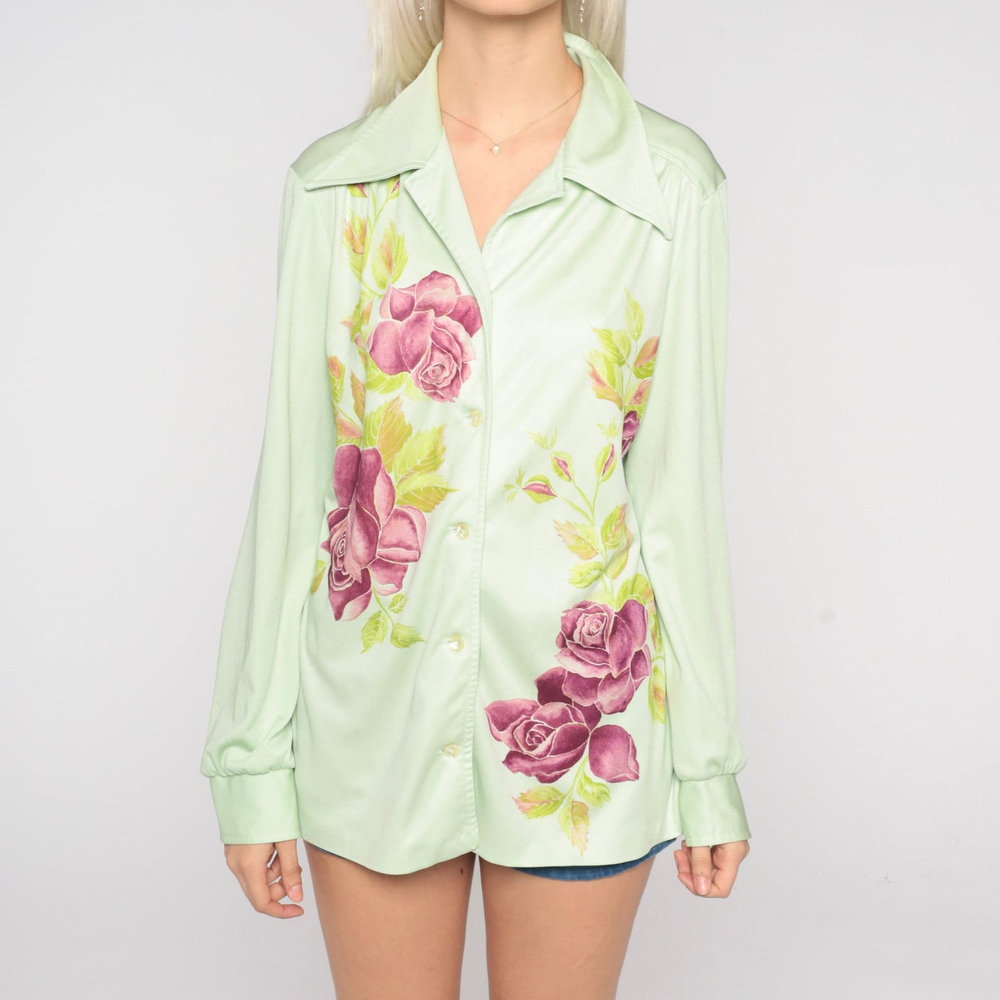 70s Green Floral Rose Print Blouse Pointed Collar Long Sleeve Button Up Medium