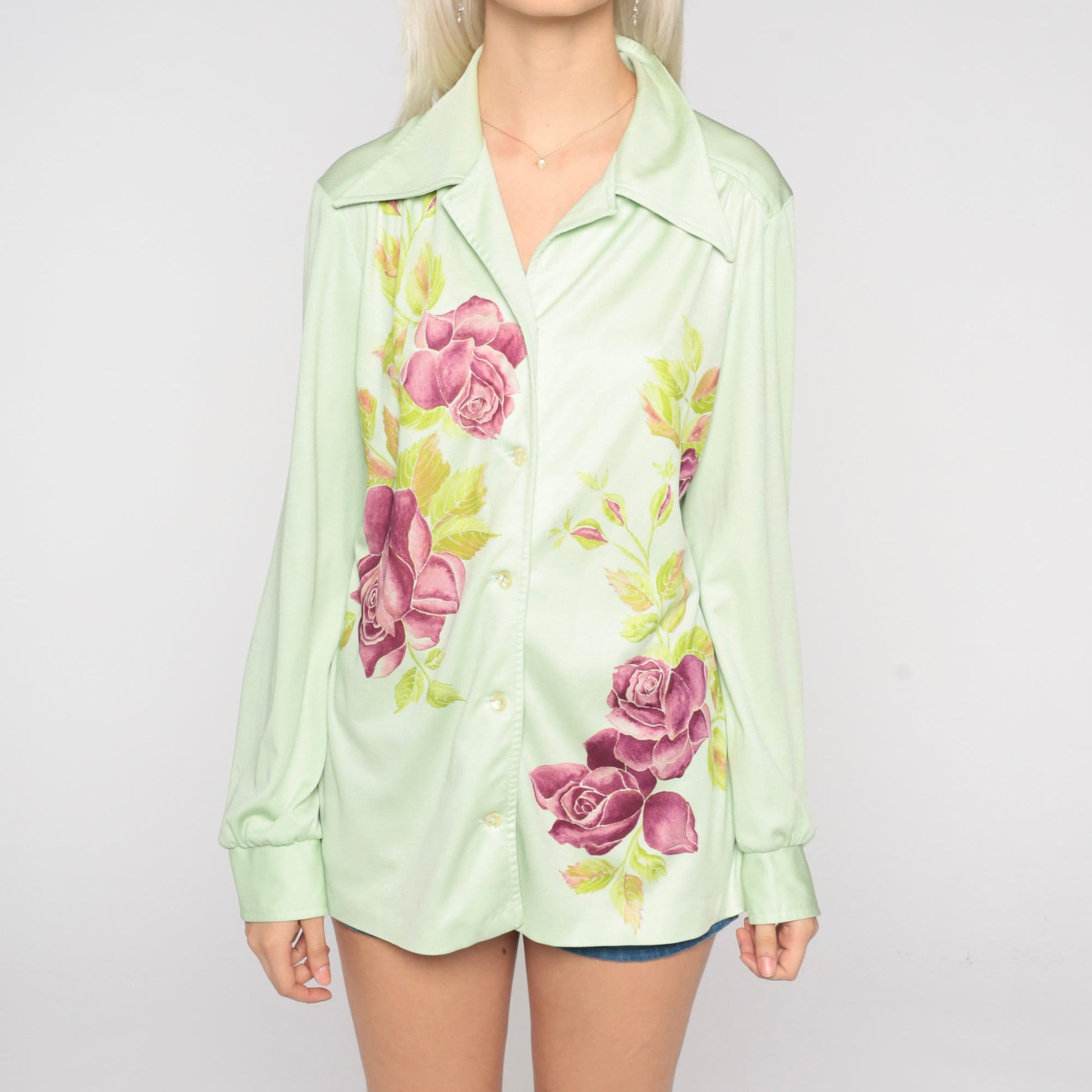 70s Green Floral Rose Print Blouse Pointed Collar Long Sleeve Button Up Medium