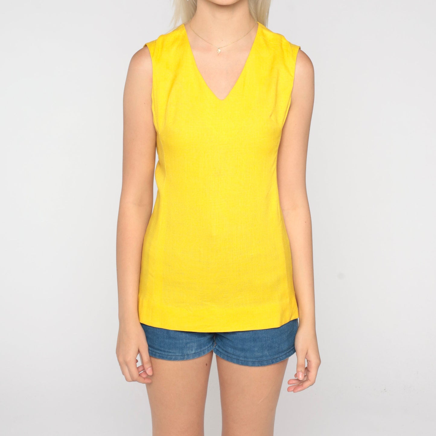 60s Yellow Tank Top V Neck Sleeveless Blouse Small