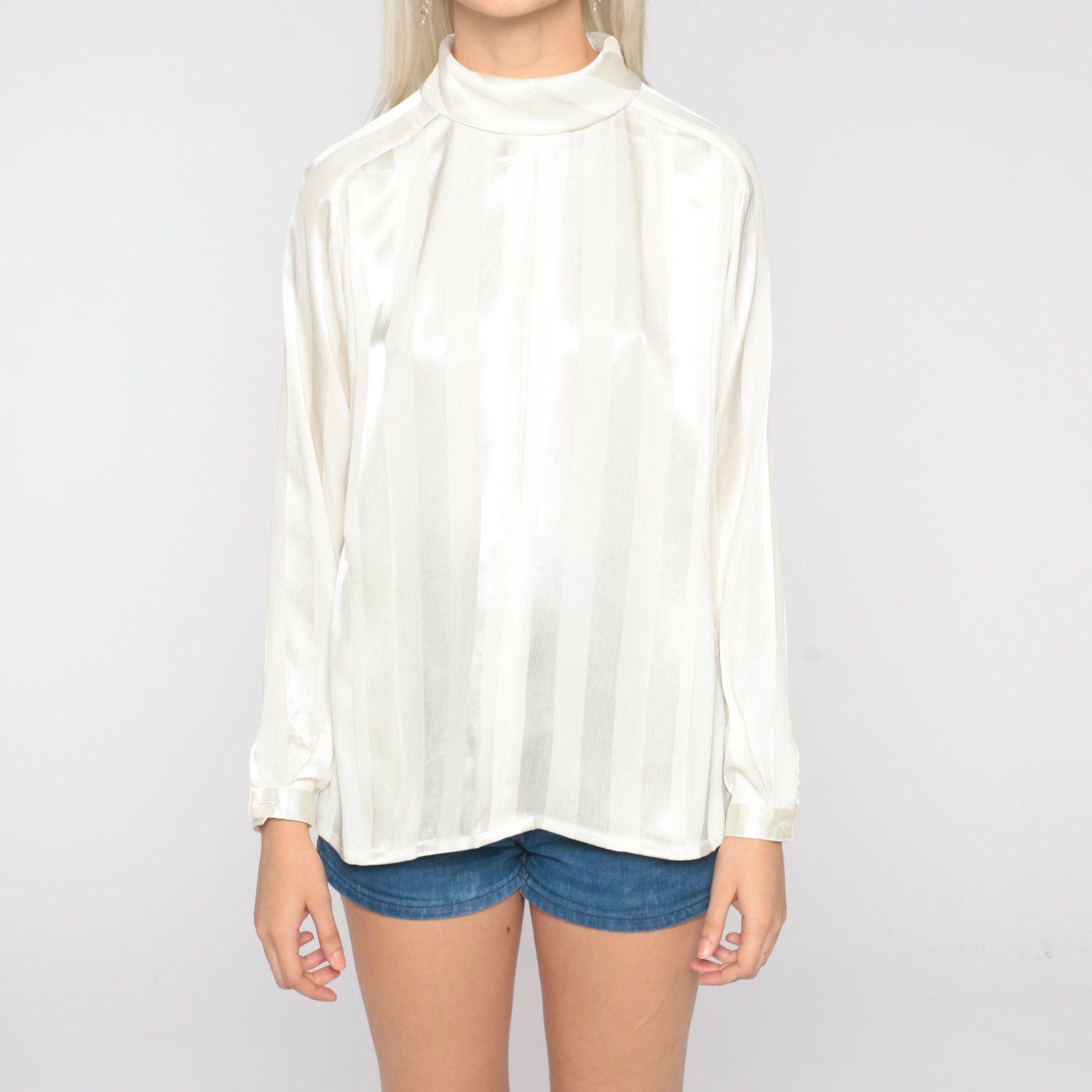 70s White Striped Turtleneck Blouse Long Sleeve Semi Sheer Medium M