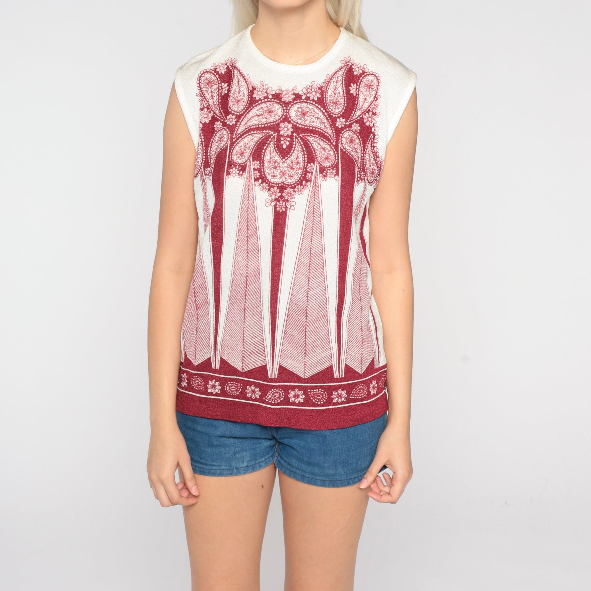 70s Geometric Paisley Tank Top White Red Psychedelic Print Medium