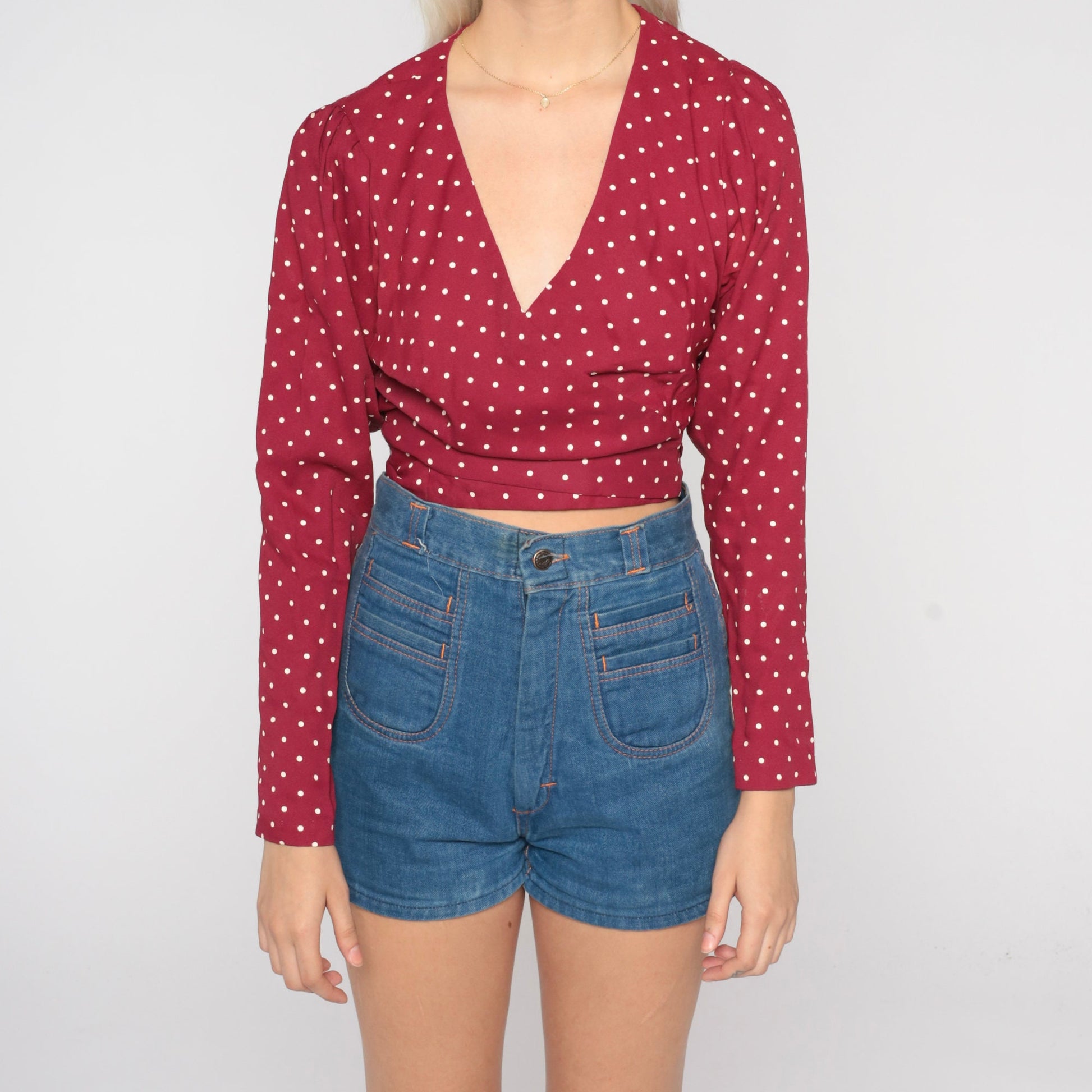 70s Polka Dot Wrap Blouse Burgundy Long Sleeve Crop Top Small