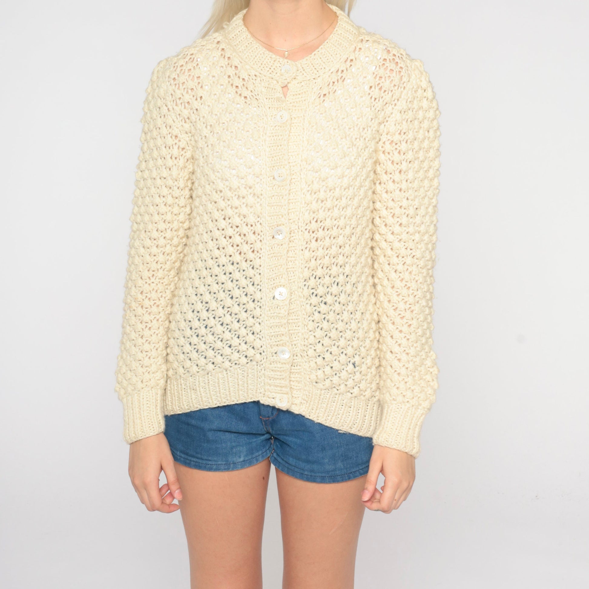 60s Cream Wool Cardigan Button-Up Knit Sweater Small S
