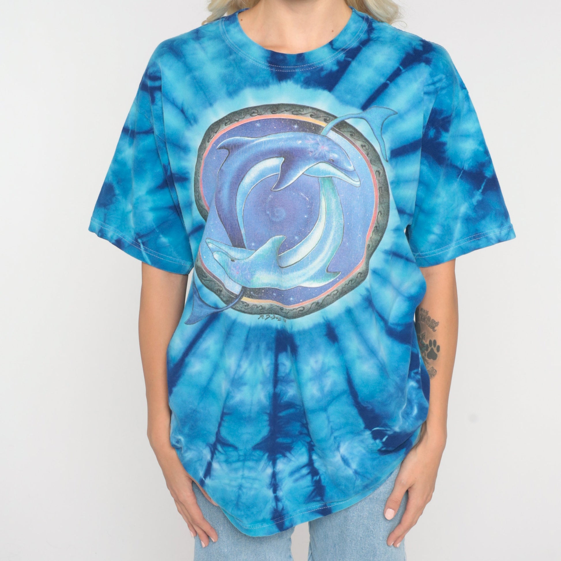 90s Dolphin Tie Dye Graphic T-Shirt Blue Galactic Print Cotton Medium