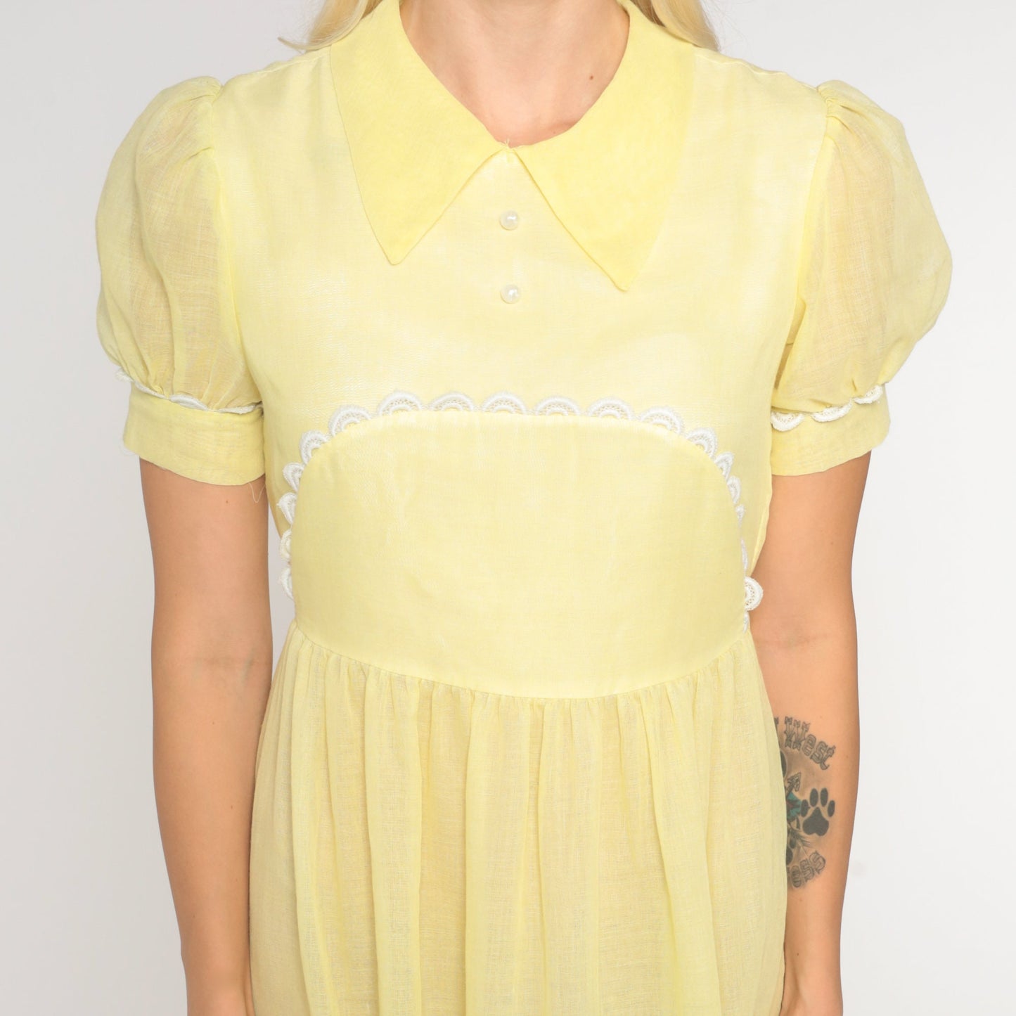 1970s Sheer Pastel Yellow Maxi Dress Puff Sleeve High Waist Extra Small