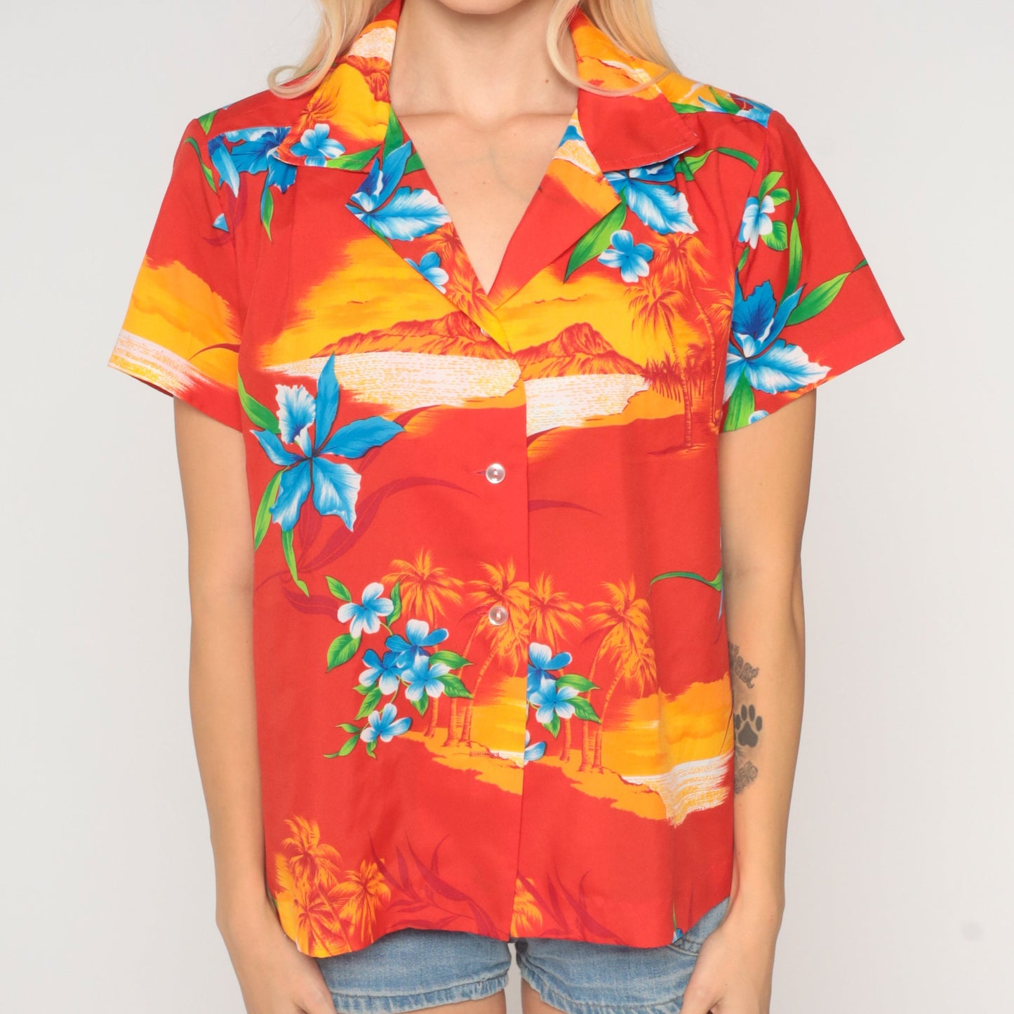 80s Tropical Floral Hawaiian Button-Up Shirt Red Palm Tree Blouse Large L