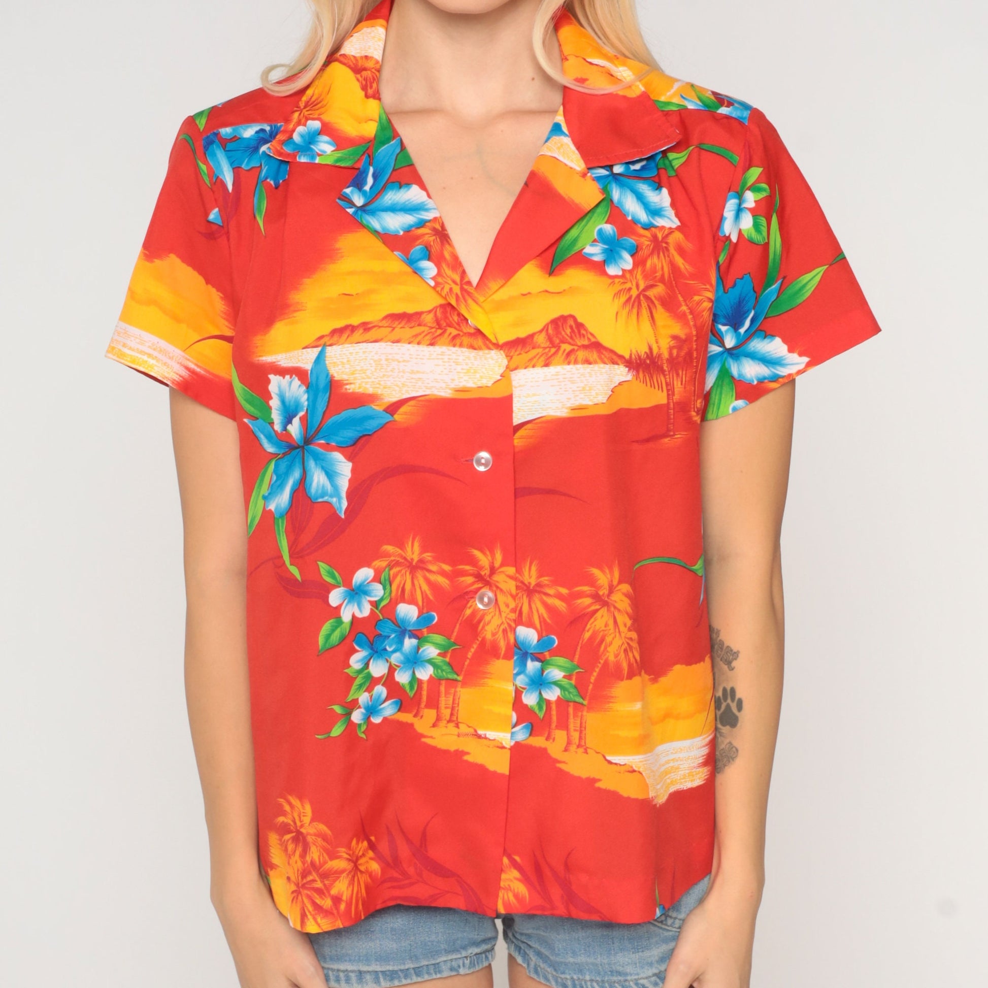 80s Tropical Floral Hawaiian Button-Up Shirt Red Palm Tree Blouse Large L
