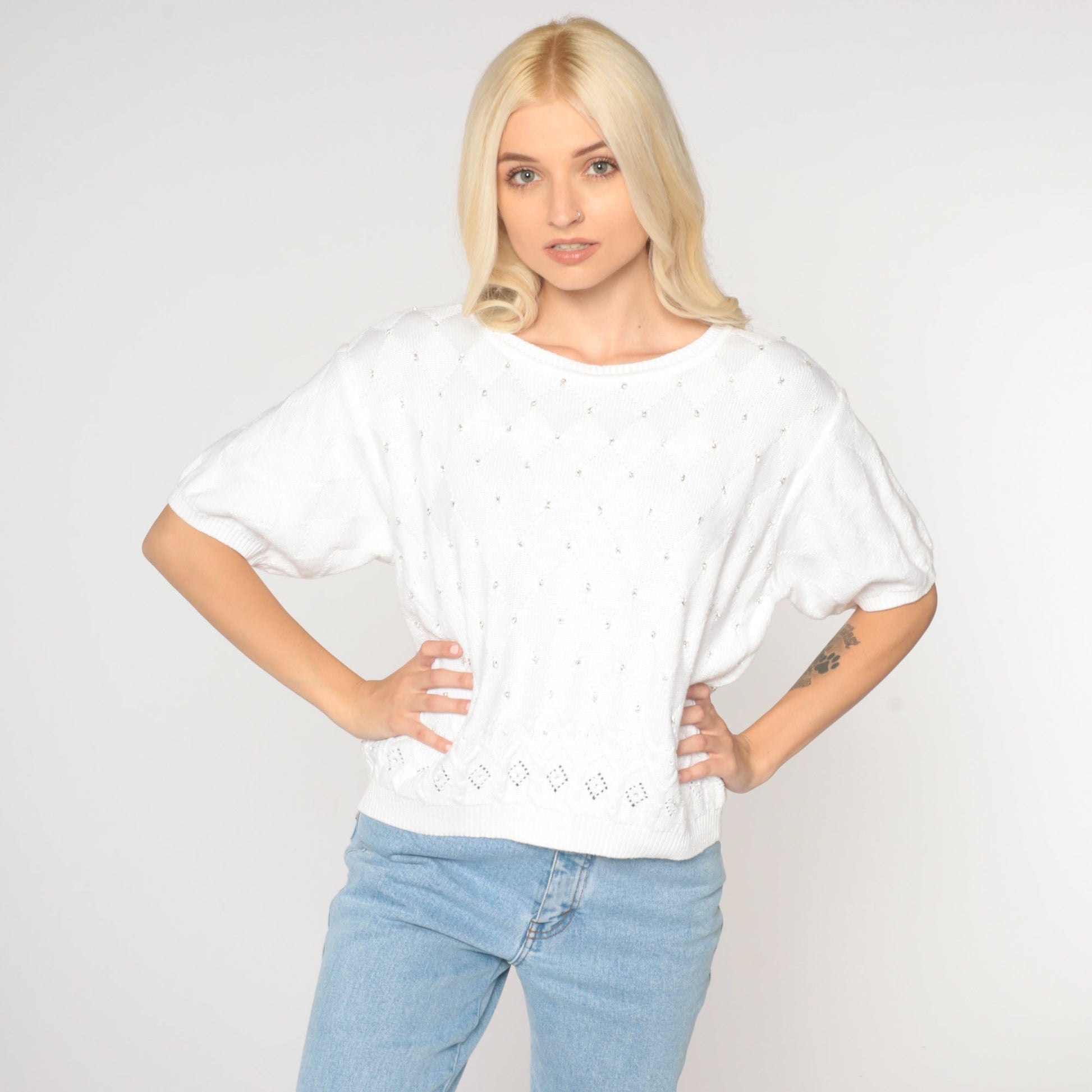 80s Liz Claiborne White Knit Blouse Beaded Cutout Short Sleeve Large L
