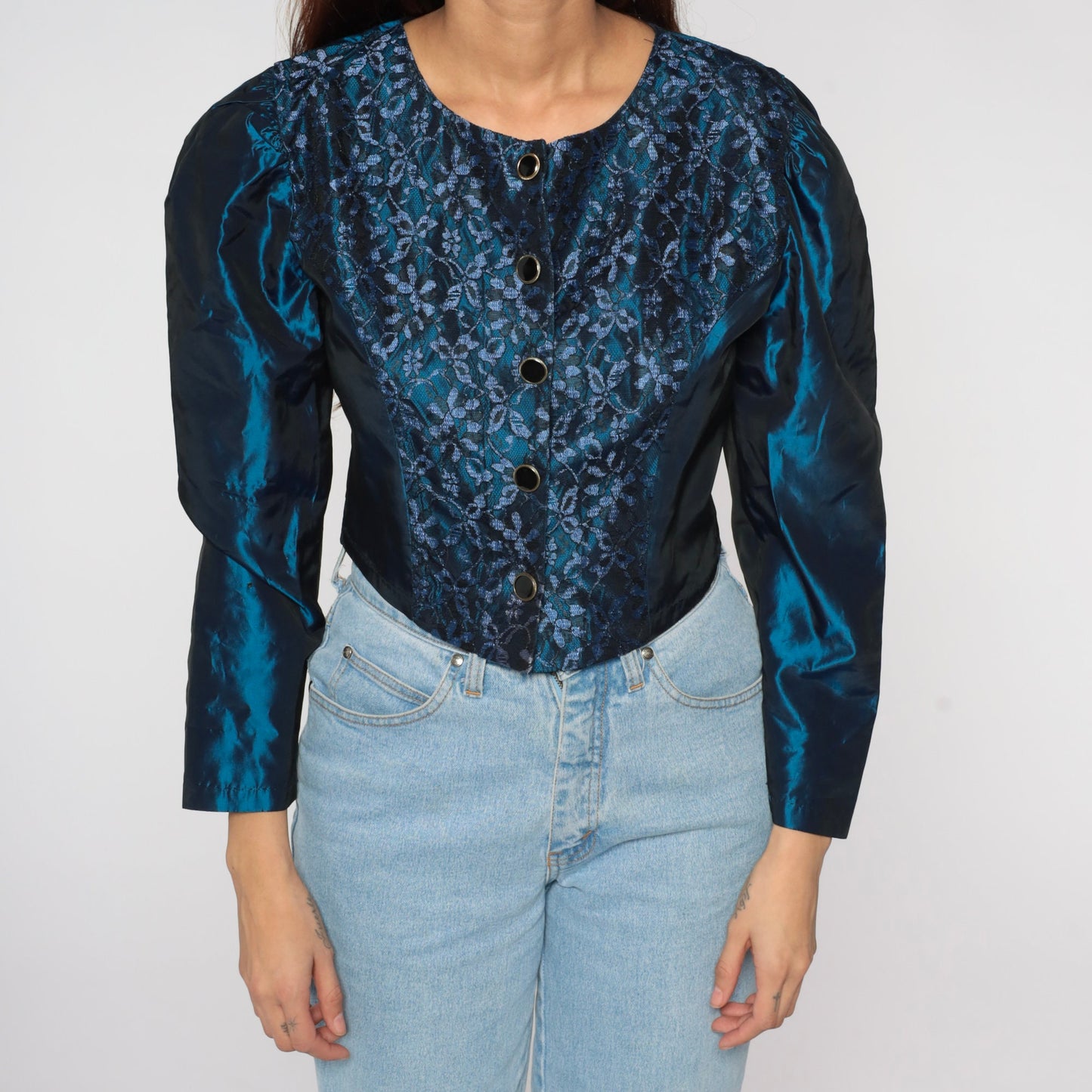 80s Metallic Blue Floral Lace Puff Sleeve Blouse Button Up Small