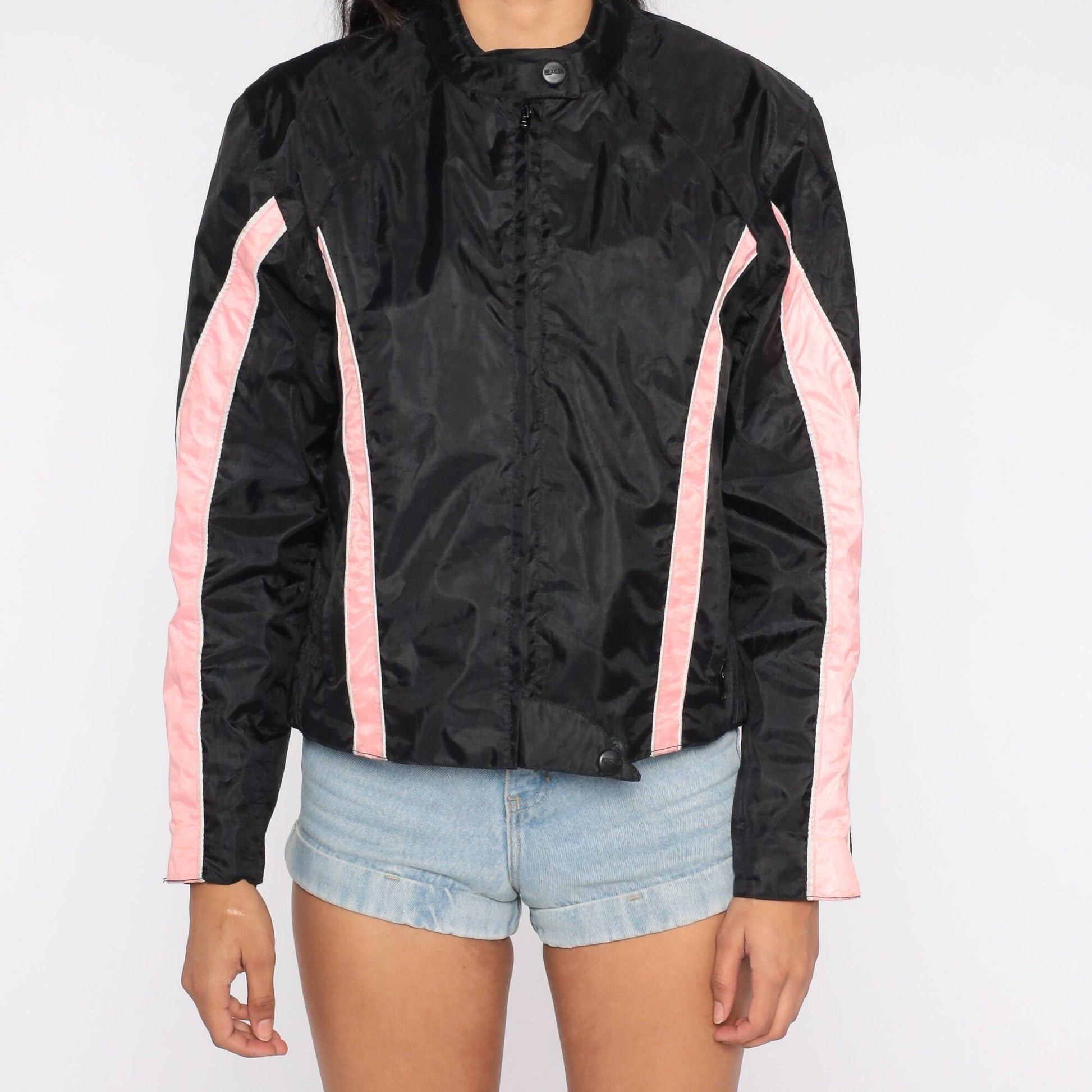 Y2K Black Moto Jacket Pink Stripes Biker Motorcycle Coat Small S