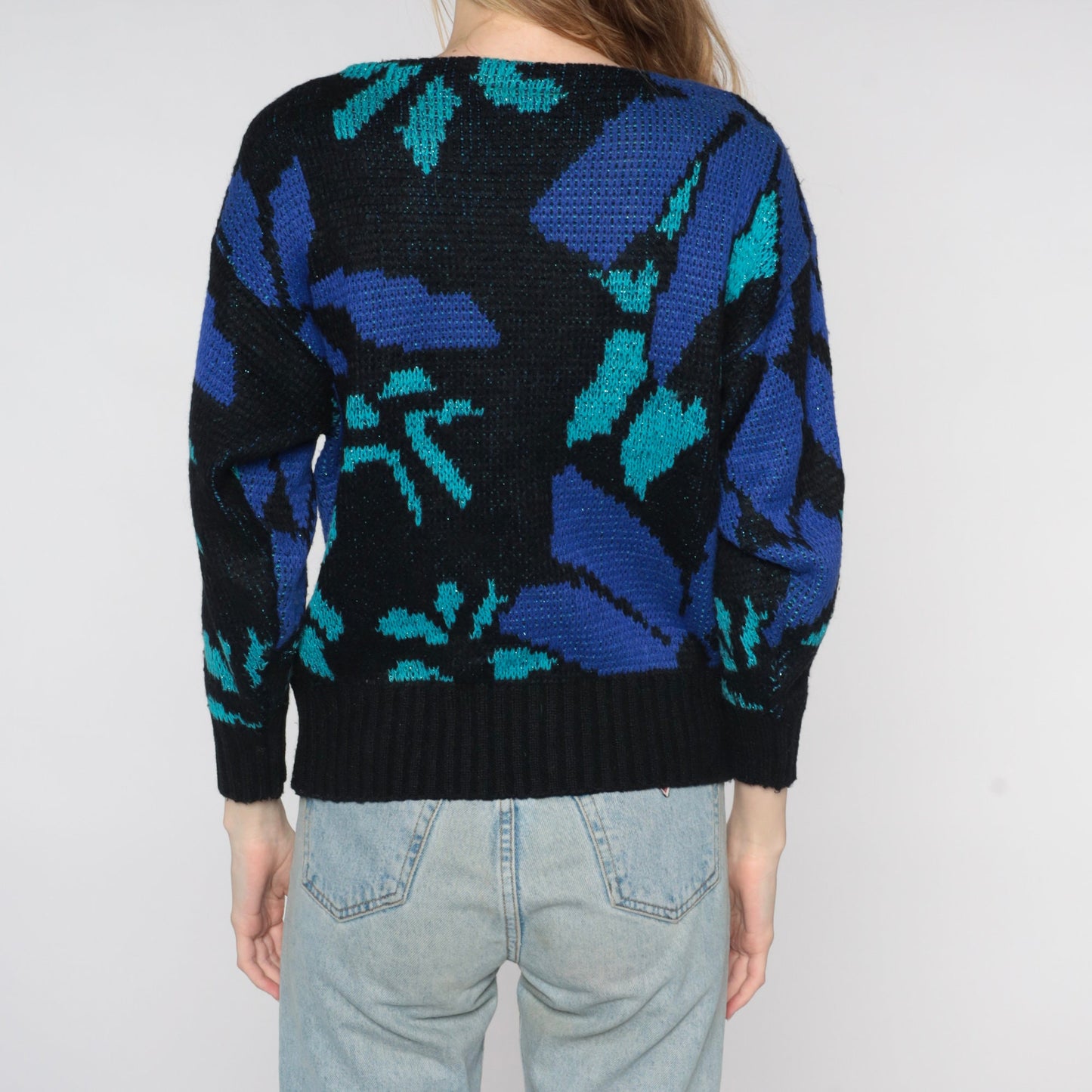 80s St. Michael Metallic Floral Knit Sweater Black Boat Neck Medium