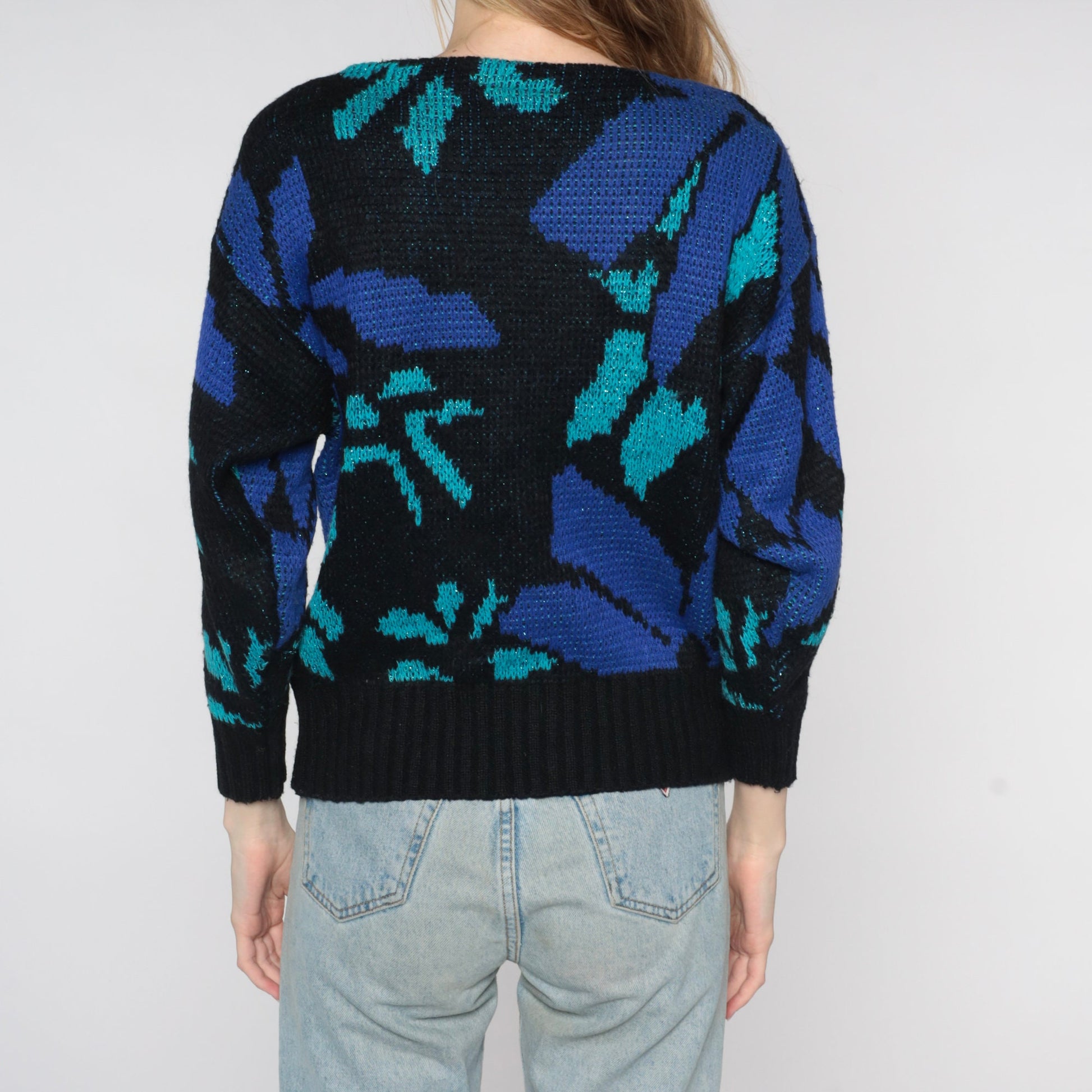 80s St. Michael Metallic Floral Knit Sweater Black Boat Neck Medium