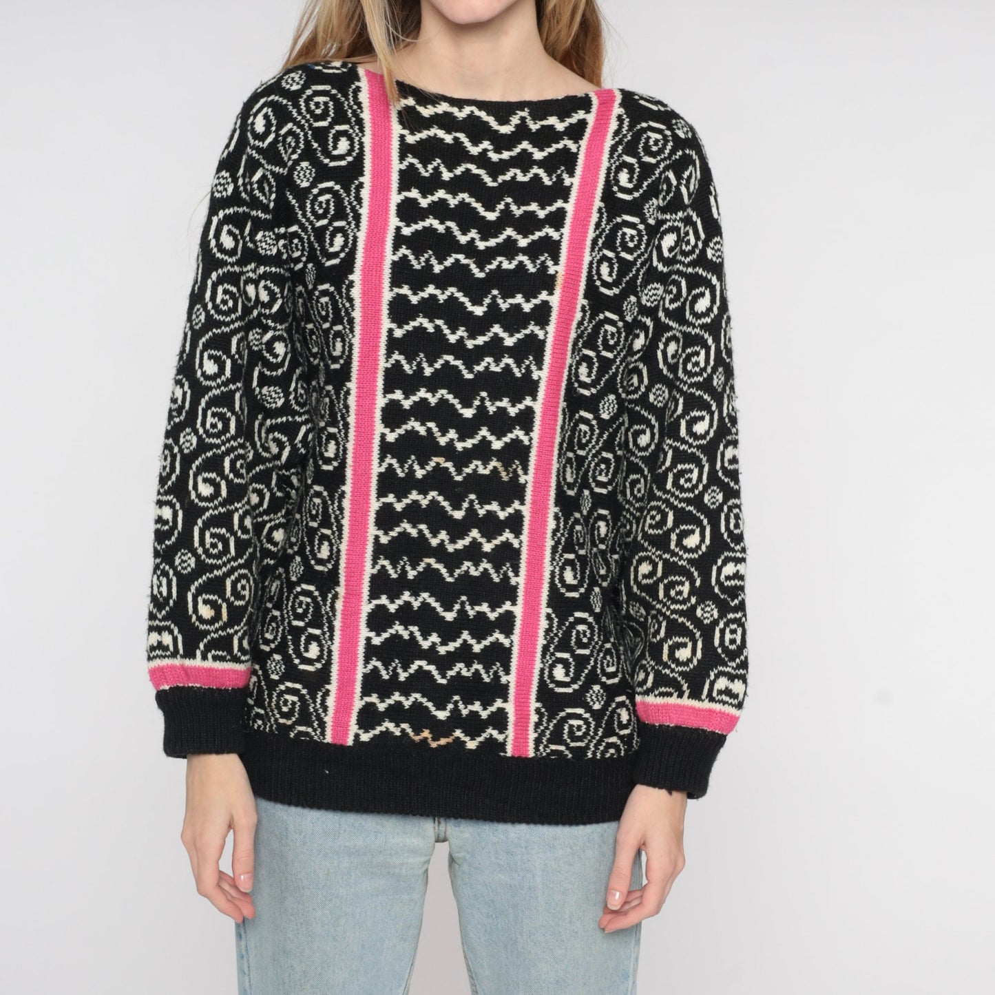 80s Black Swirl Stripe Knit Sweater Pink White Abstract Pullover Small