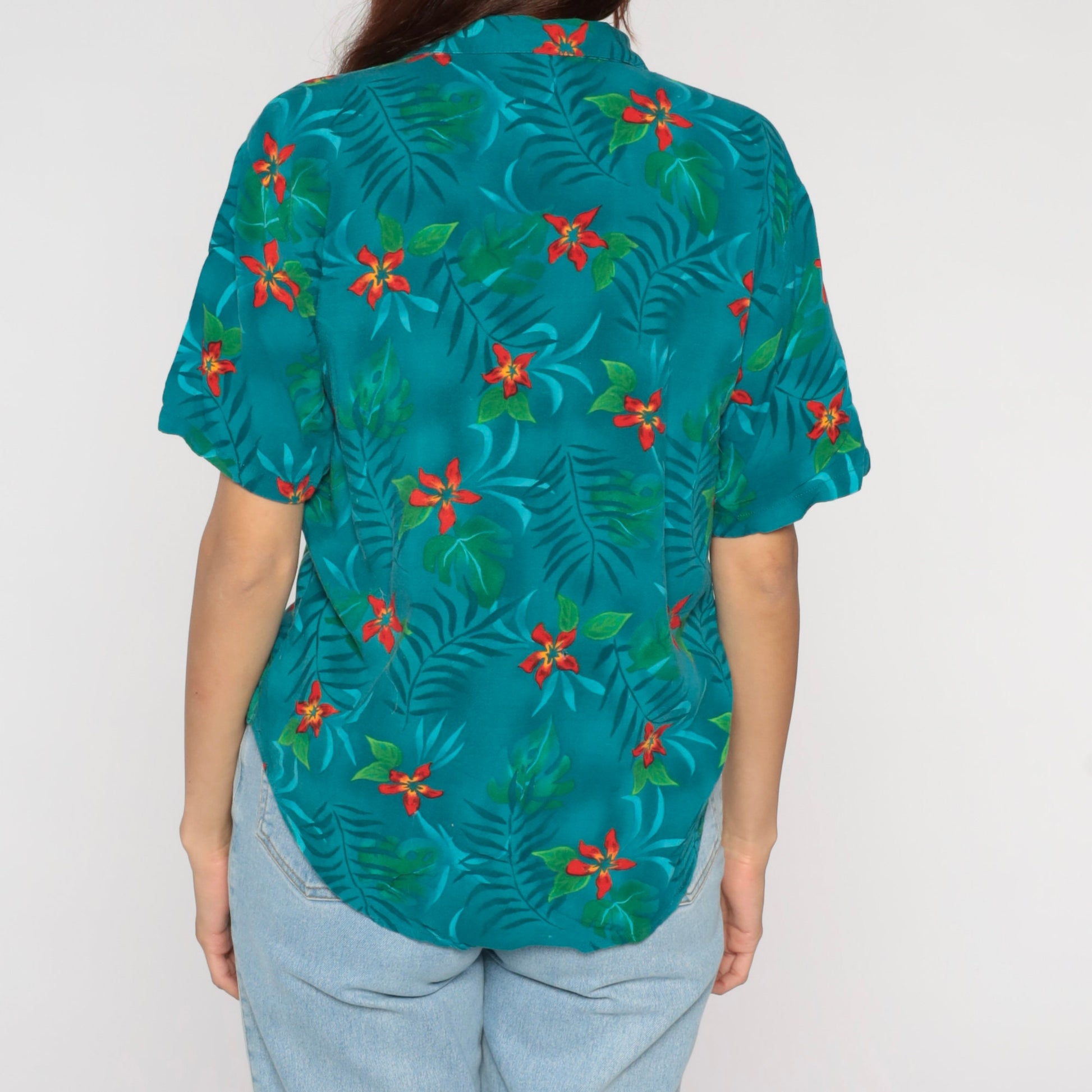 90s Tropical Floral Button-Up Blouse Teal Leaf Print Short Sleeve Small
