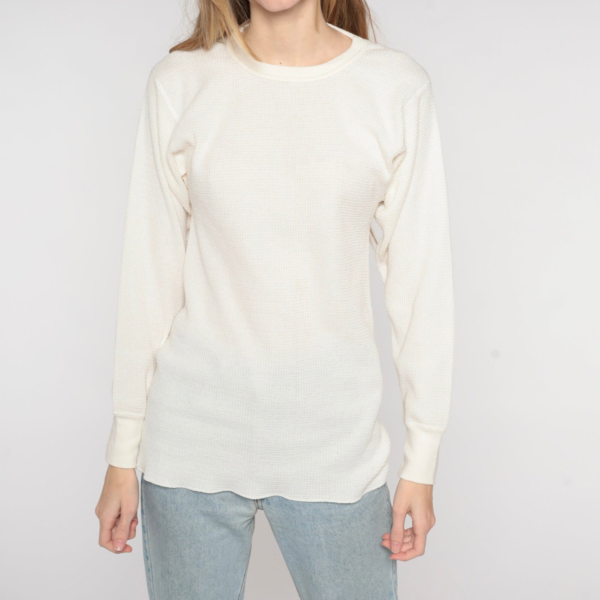90s Off White Thermal Waffle Knit Long Sleeve Shirt Large
