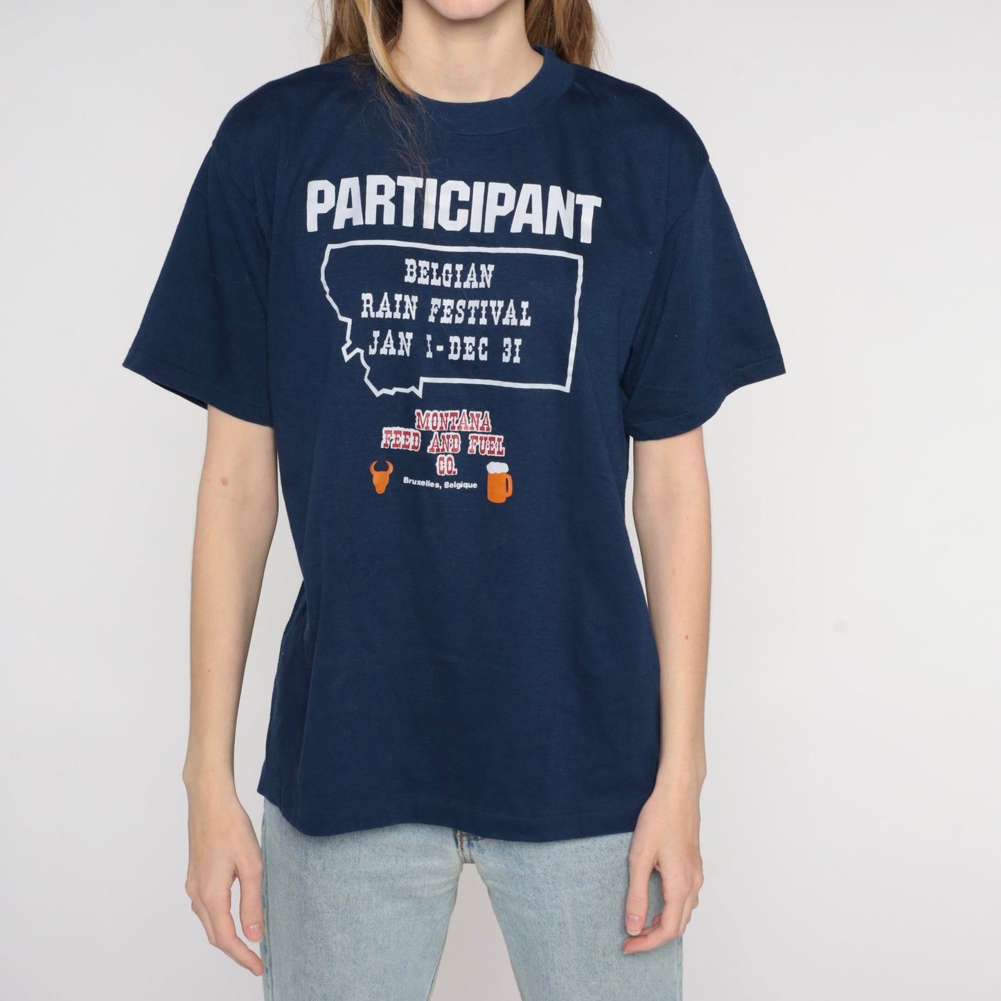 80s Belgian Rain Festival Participant Graphic Tee Navy Single Stitch Large
