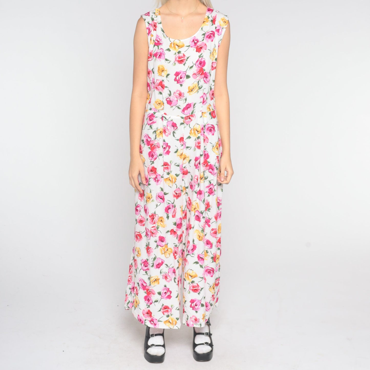 90s Floral Jumpsuit White Pink Wide Leg Sleeveless One Piece Large L