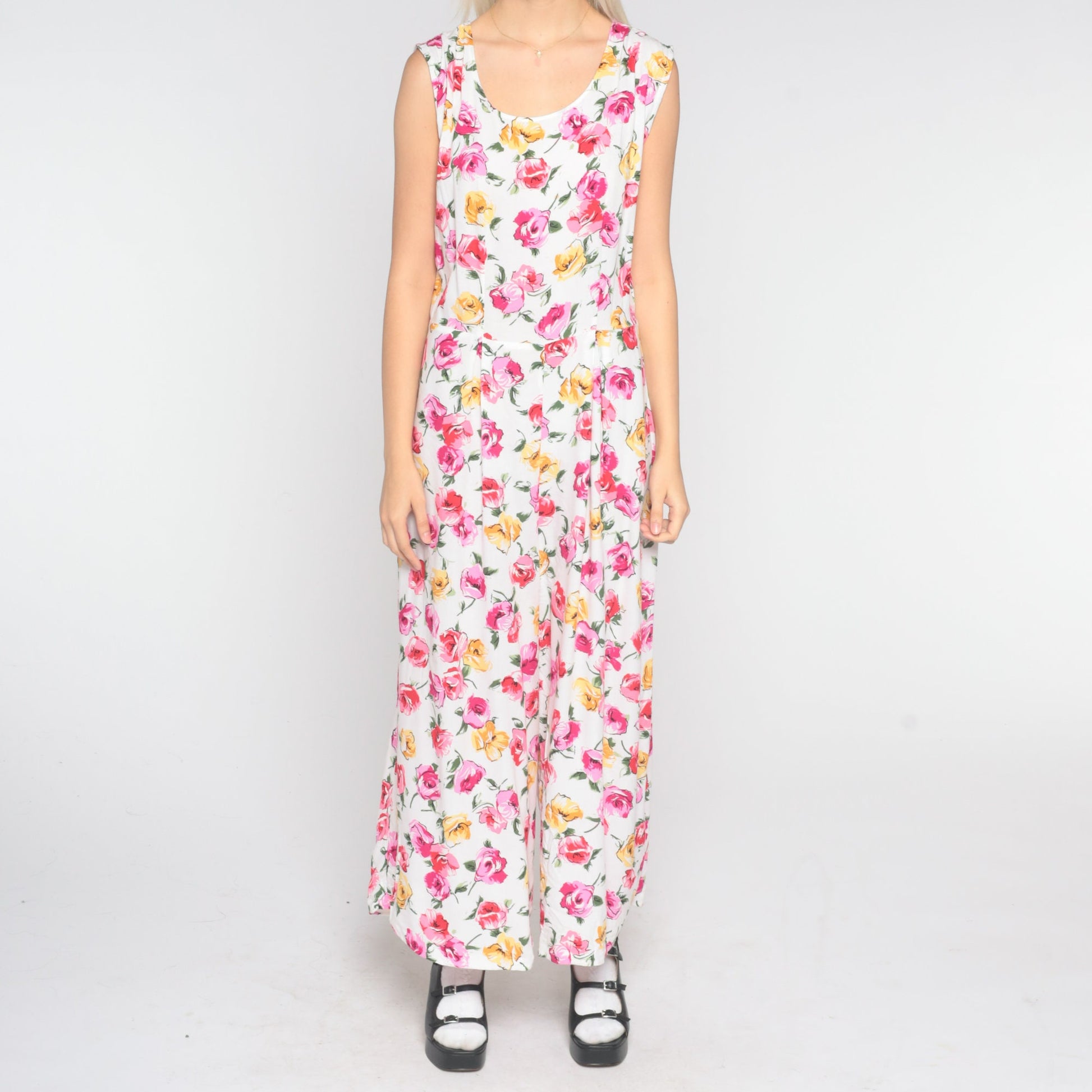 90s Floral Jumpsuit White Pink Wide Leg Sleeveless One Piece Large L