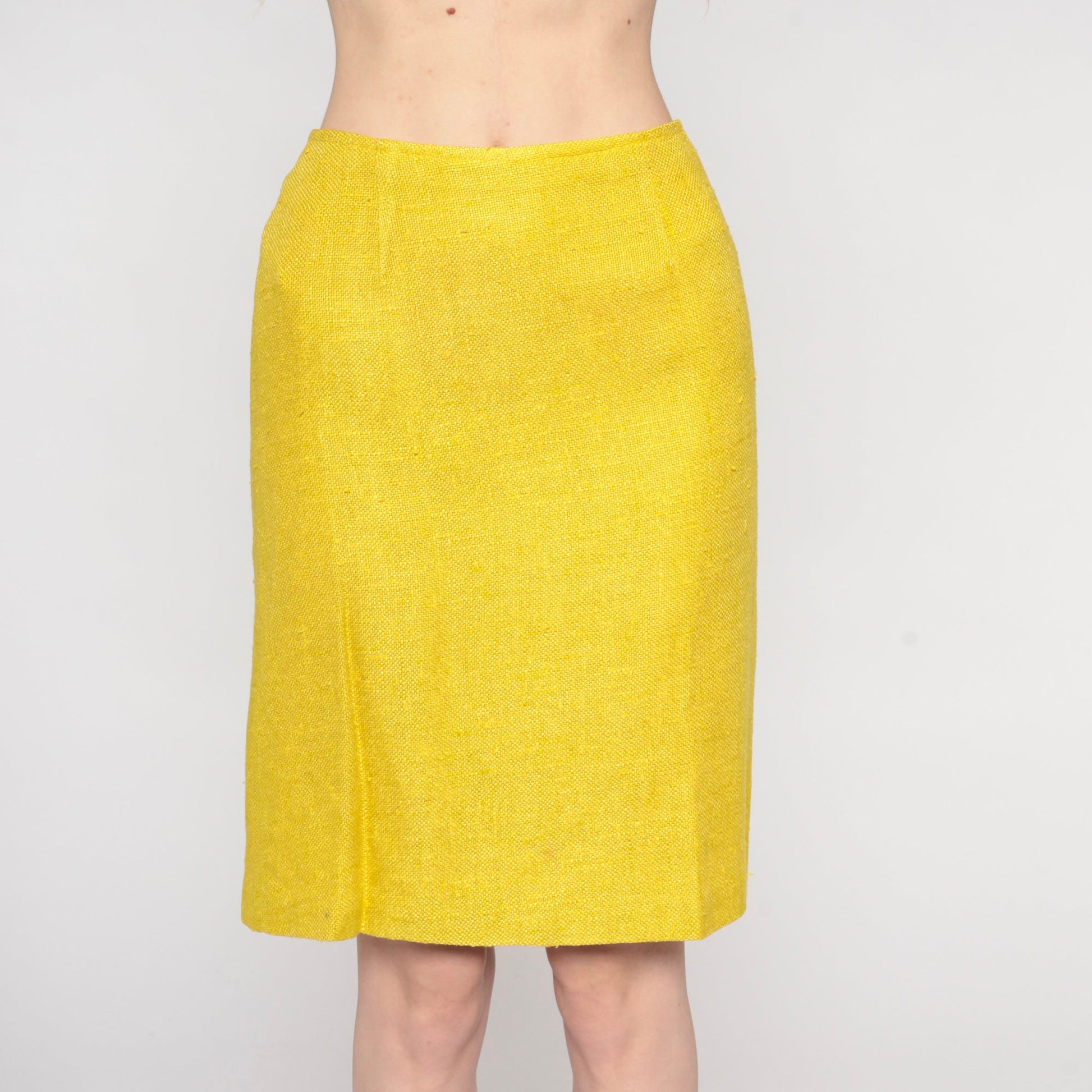 60s Yellow Tweed Pencil Skirt High Waist Mini Back Zip Extra Small XS