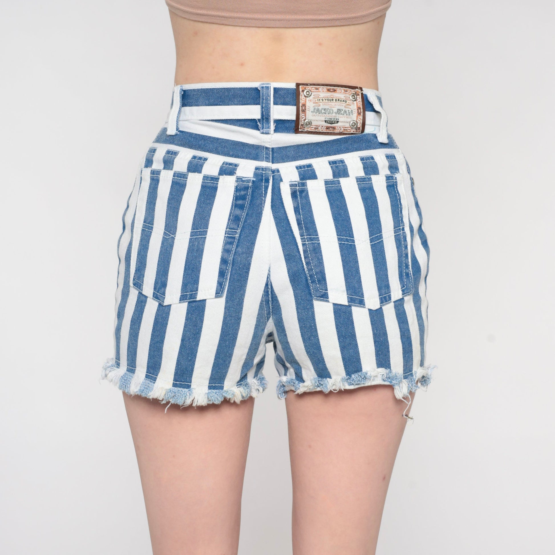 90s Jacko Jeans Striped Denim Cutoffs Blue White High Waisted Extra Small XS