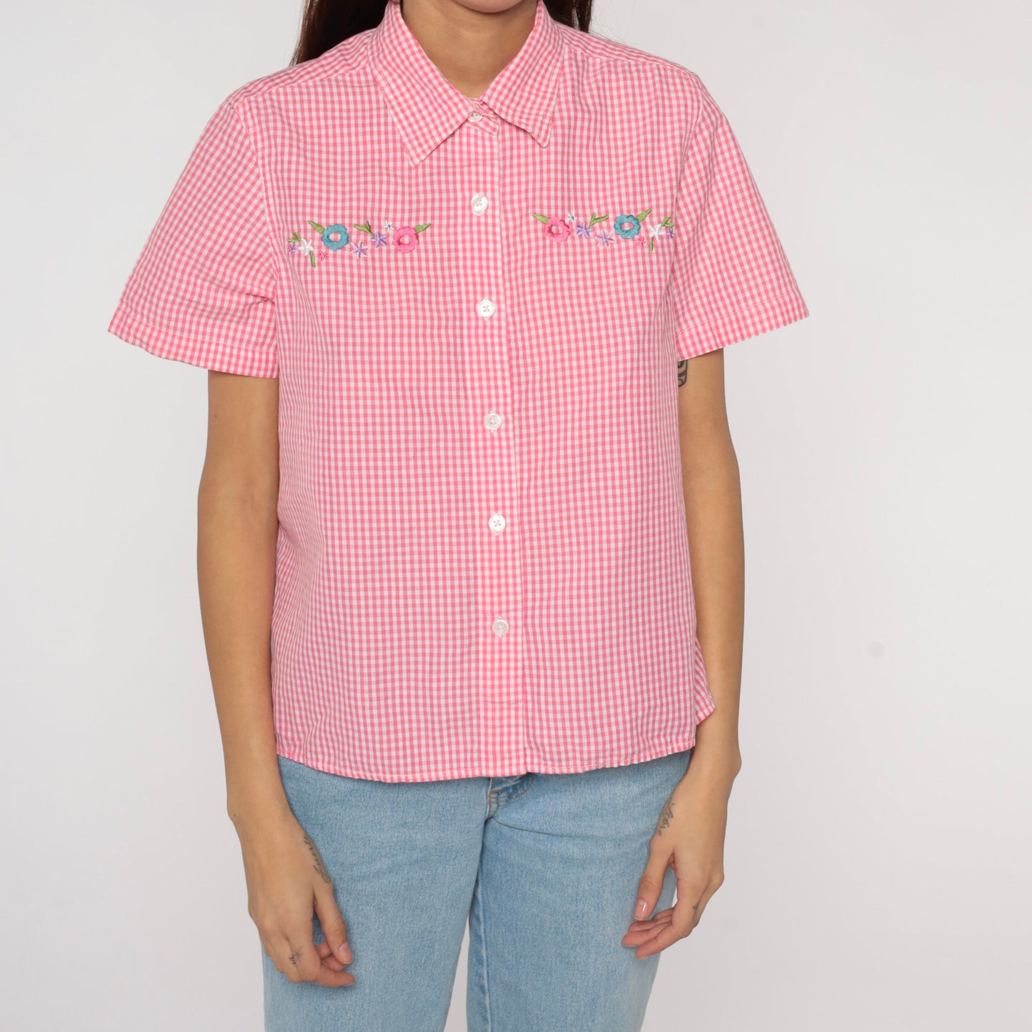 Y2K Pink Gingham Blouse Floral Embroidered Button Up Short Sleeve Medium M