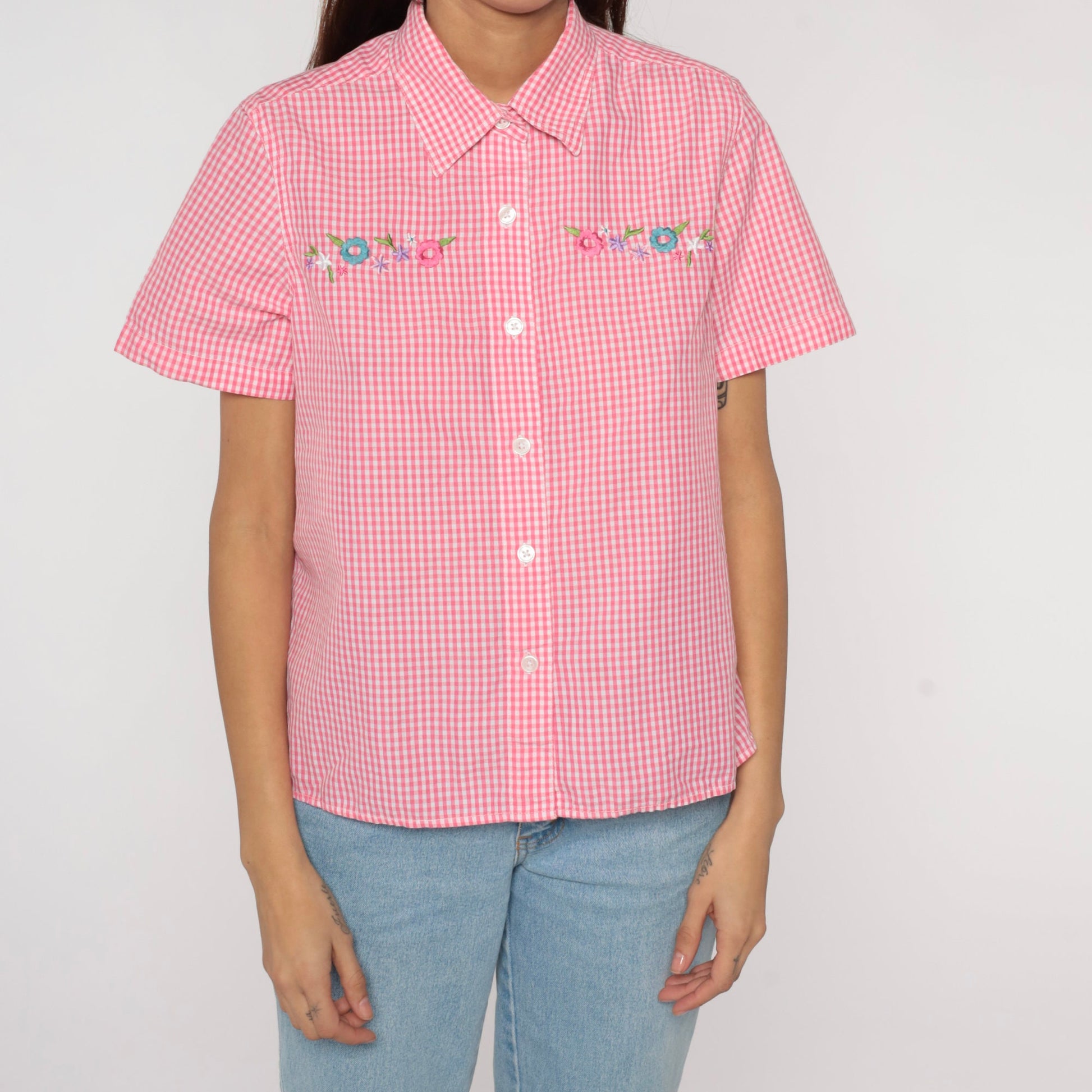 Y2K Pink Gingham Blouse Floral Embroidered Button Up Short Sleeve Medium M