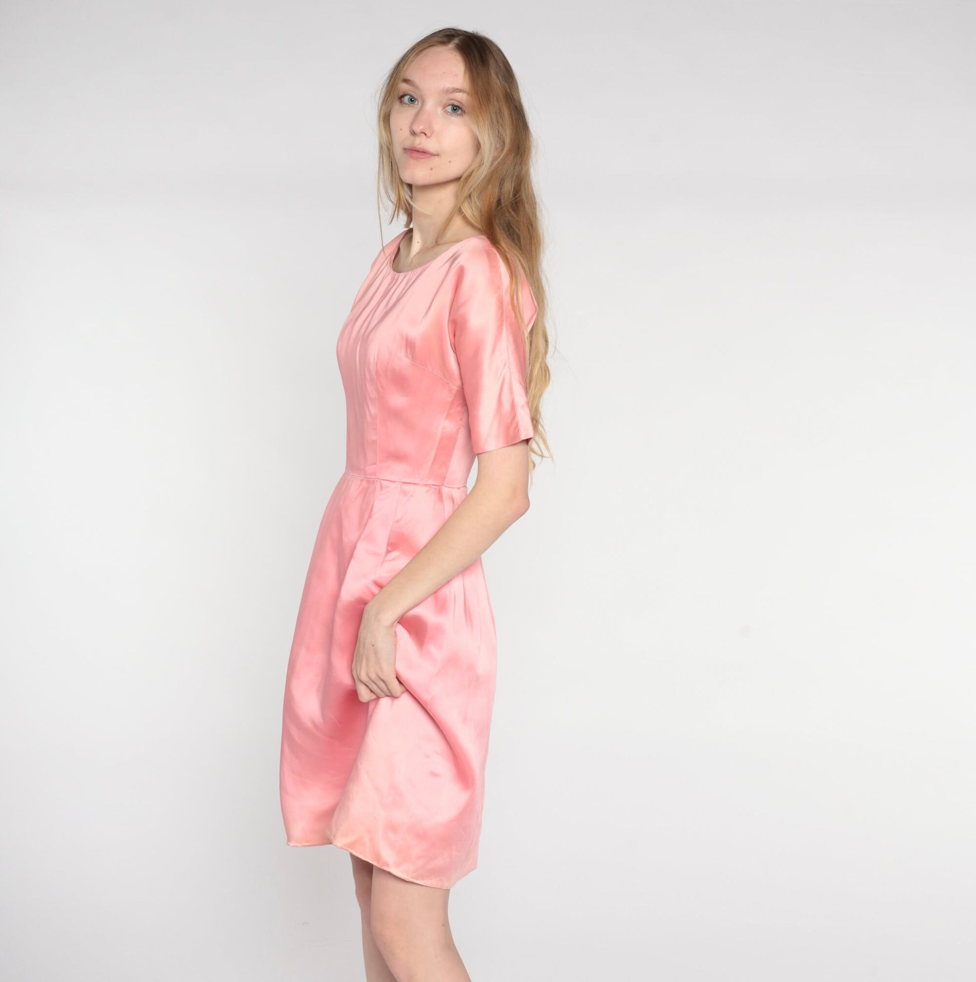 1960s Pink Satin Mini Shift Dress Short Sleeve High Waist Extra Small XS