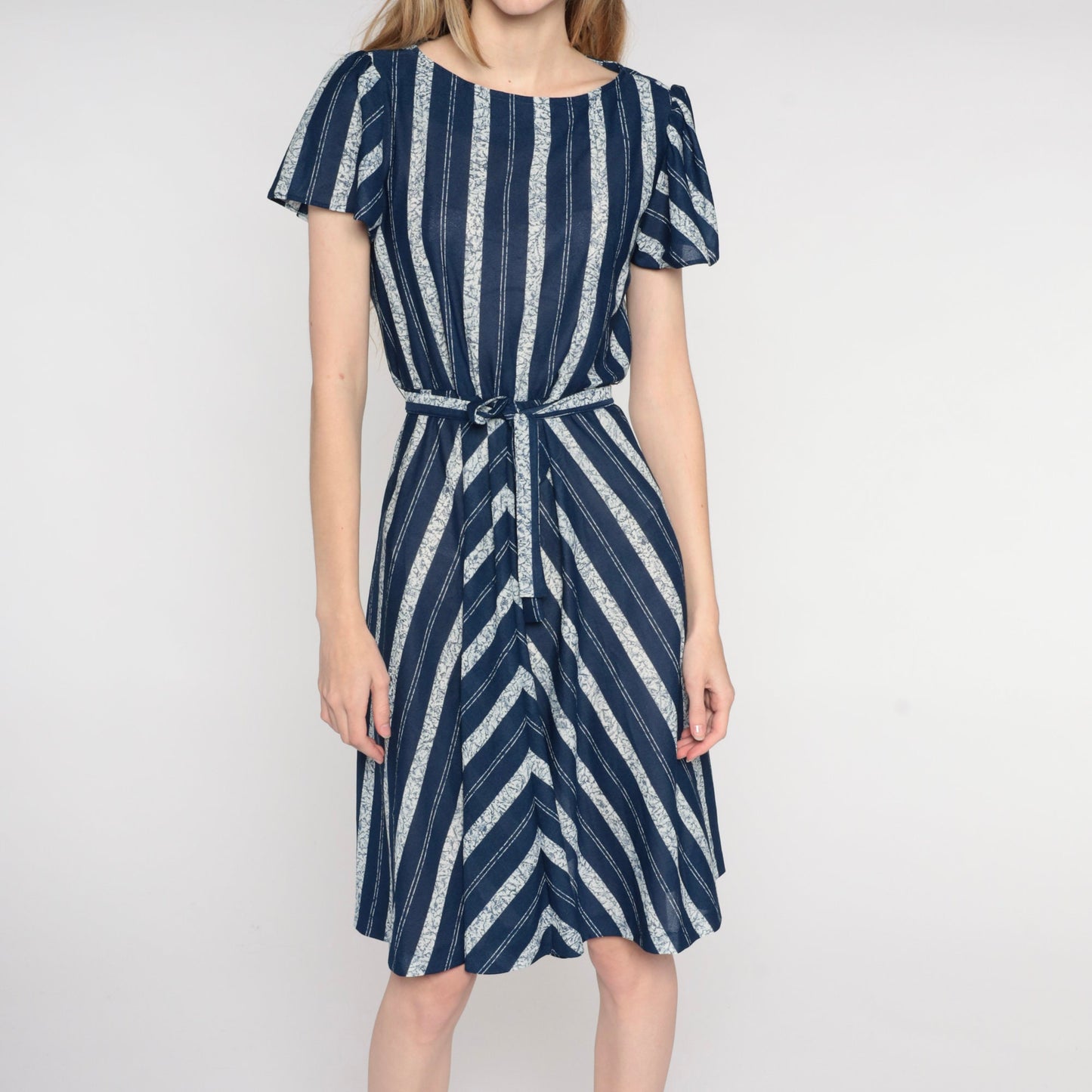 70s Navy Striped Dress High Waist Flutter Sleeve Belted Knee Length Medium