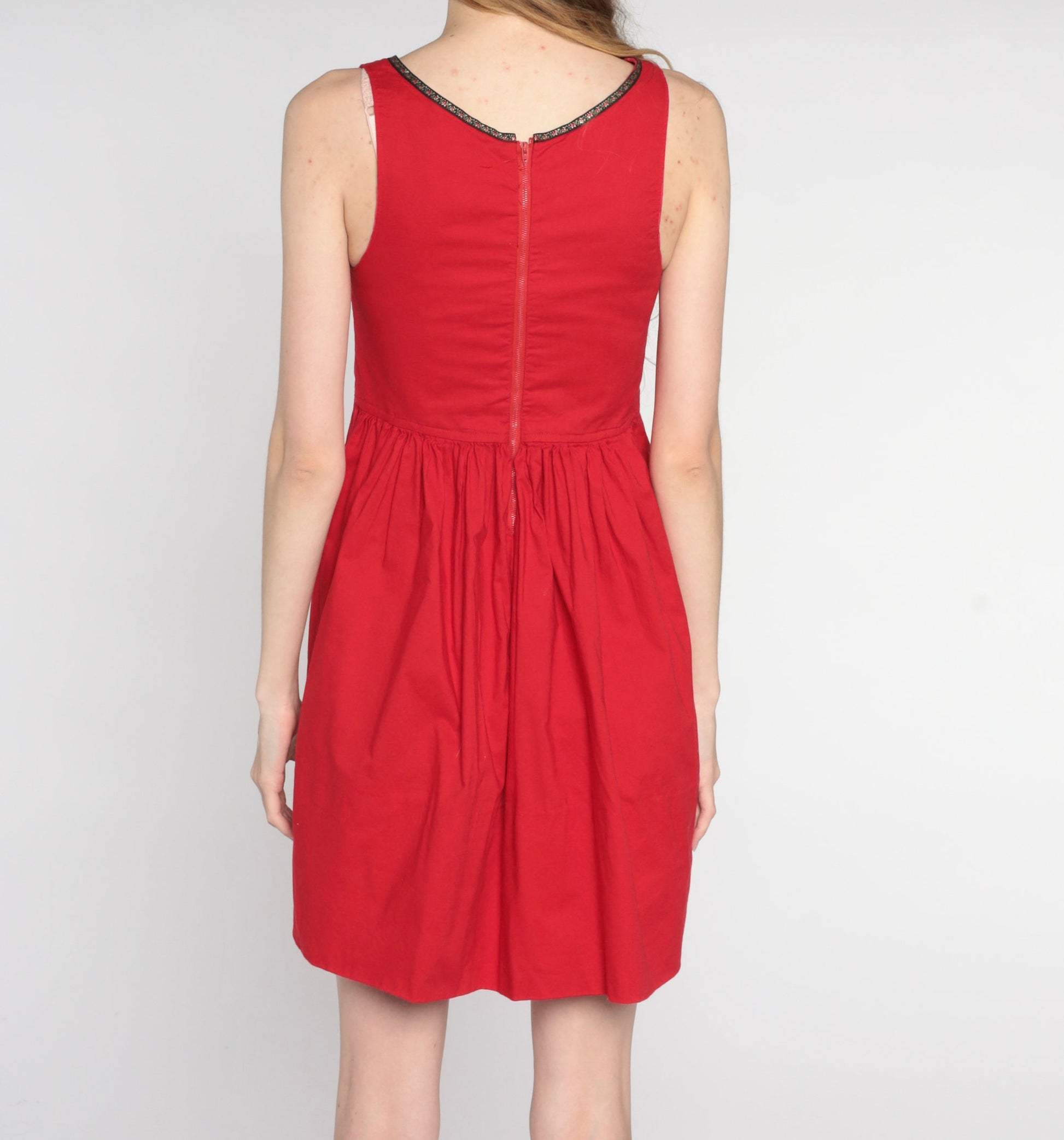 60s Red Mini Dirndl Dress High Waist Full Skirt Floral Trim Extra Small