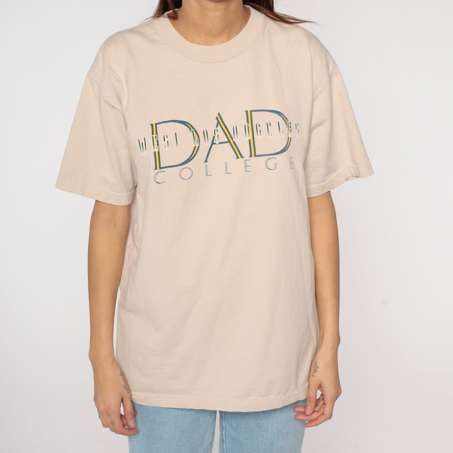 Y2K West LA College Dad Graphic Tee Tan Cotton Large