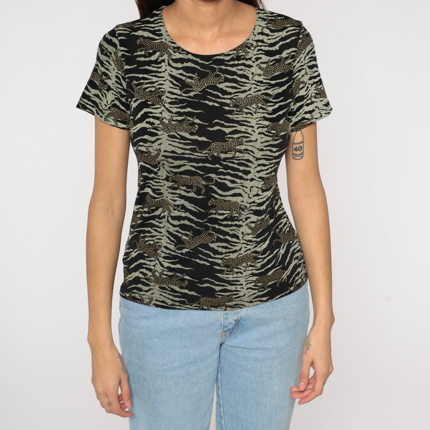 90s Bentley Leopard Animal Print Shirt Short Sleeve Blouse Small Medium