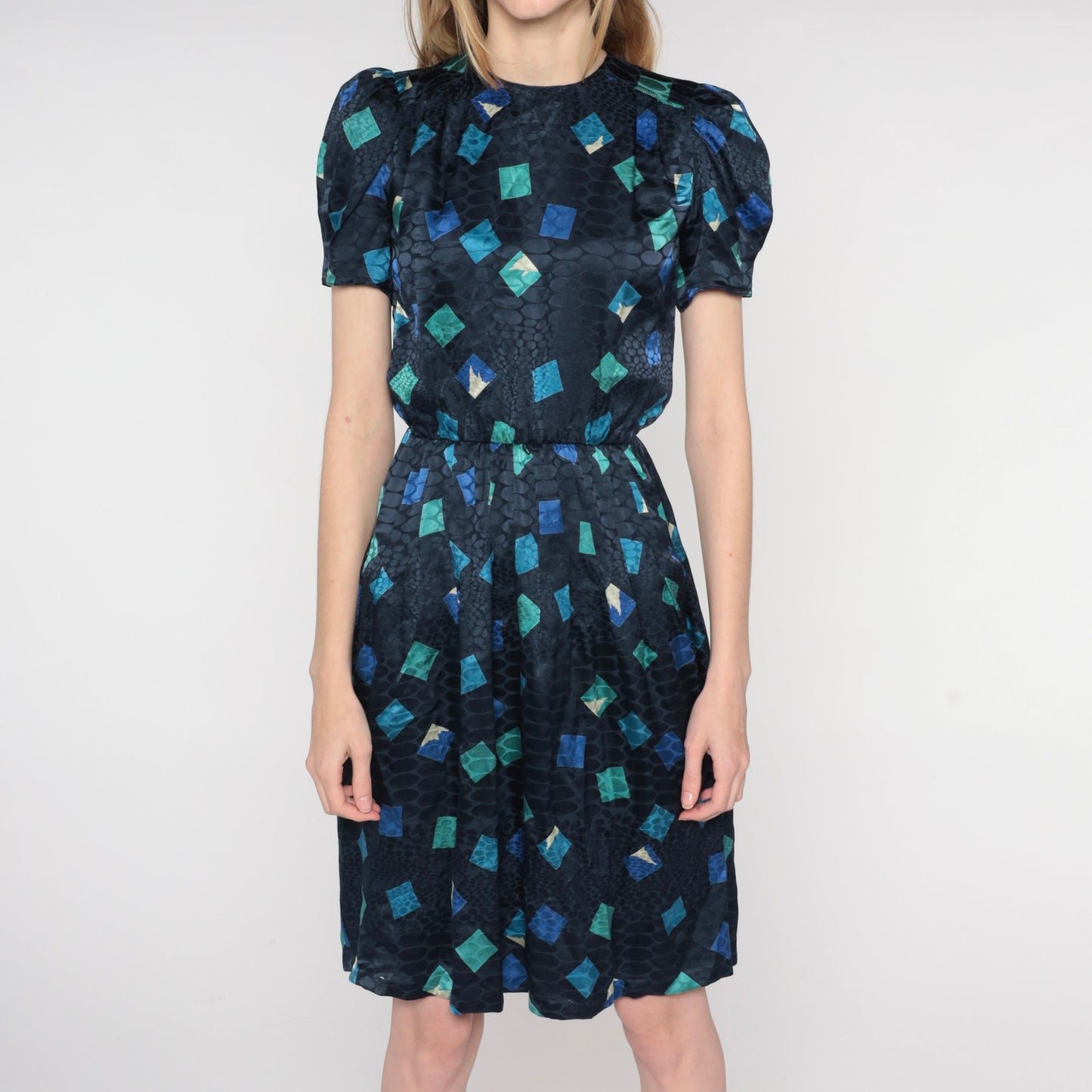 80s Navy Silk Puff Sleeve Dress Embossed Geometric Print High Waisted XS