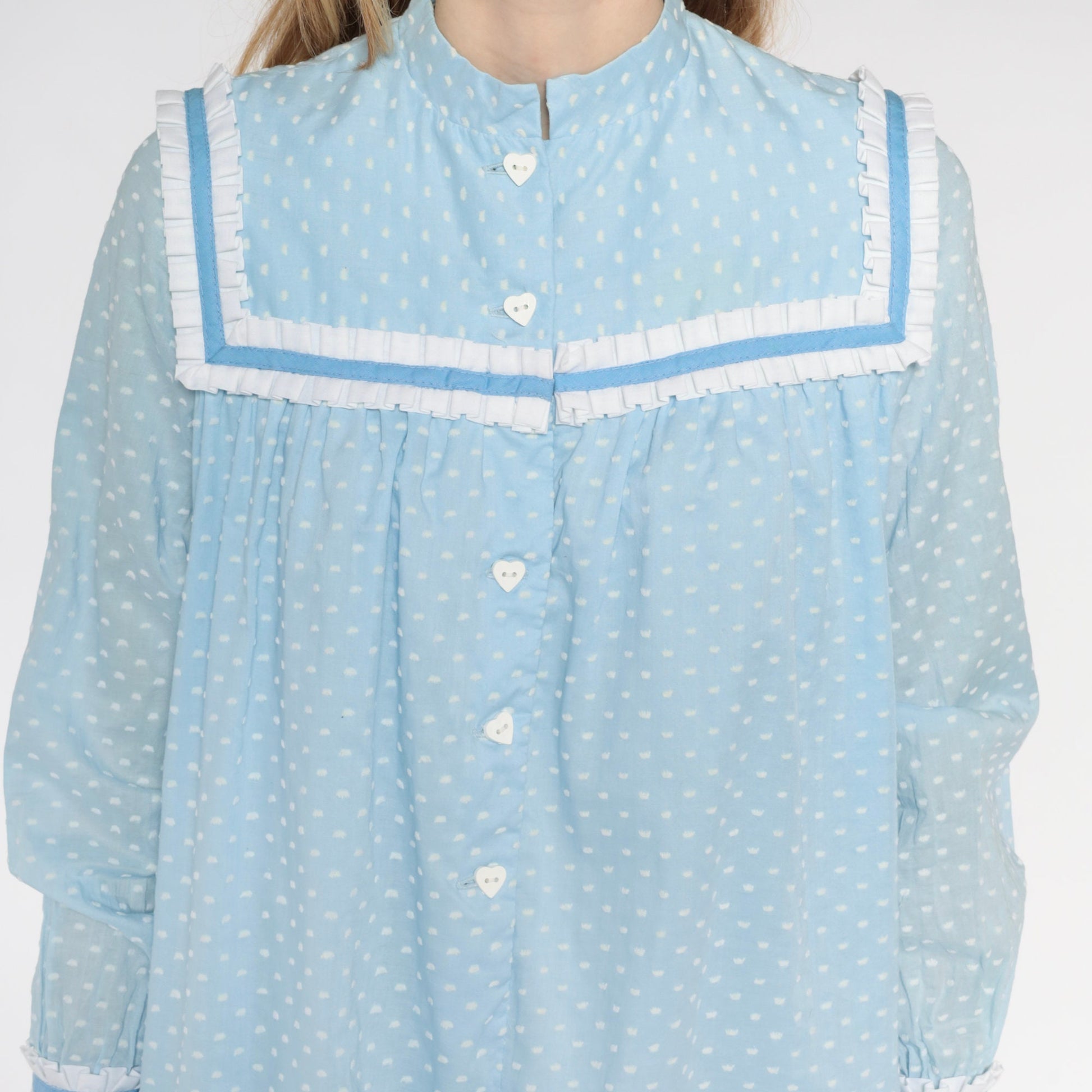70s Baby Blue Polka Dot Mini Dress Heart Buttons Ruffled Bib Long Sleeve Small Medium