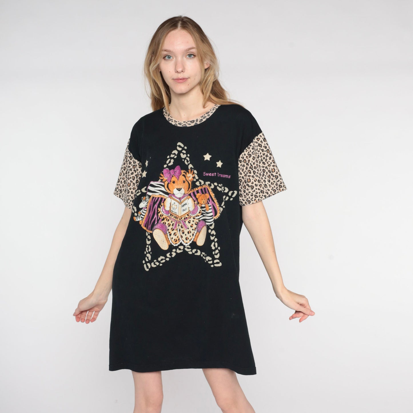 90s Baby Tiger Sweet Dreams T-Shirt Dress Black Leopard Print Mini Nightgown