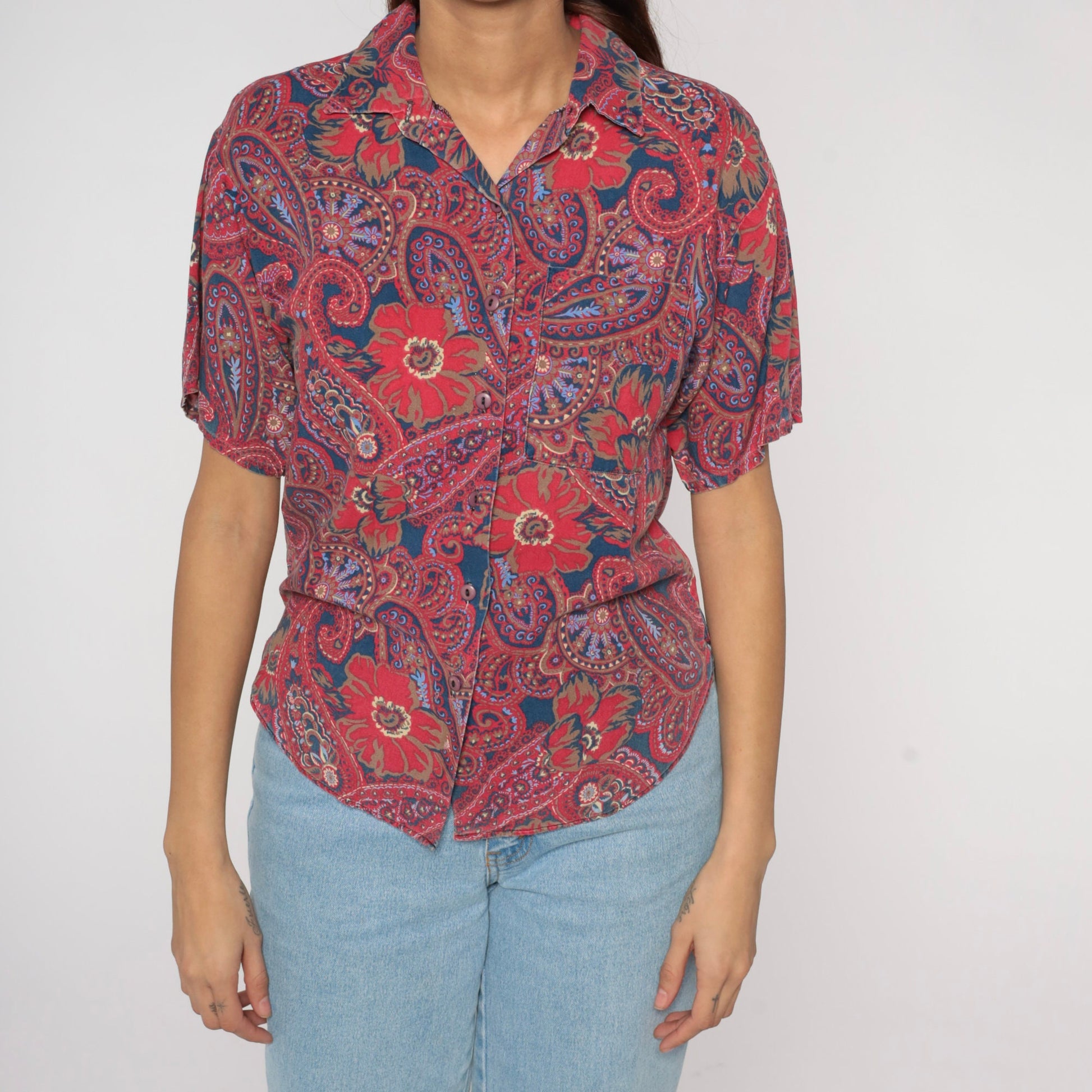 90s Paisley Floral Button Up Blouse Red Blue Short Sleeve Small