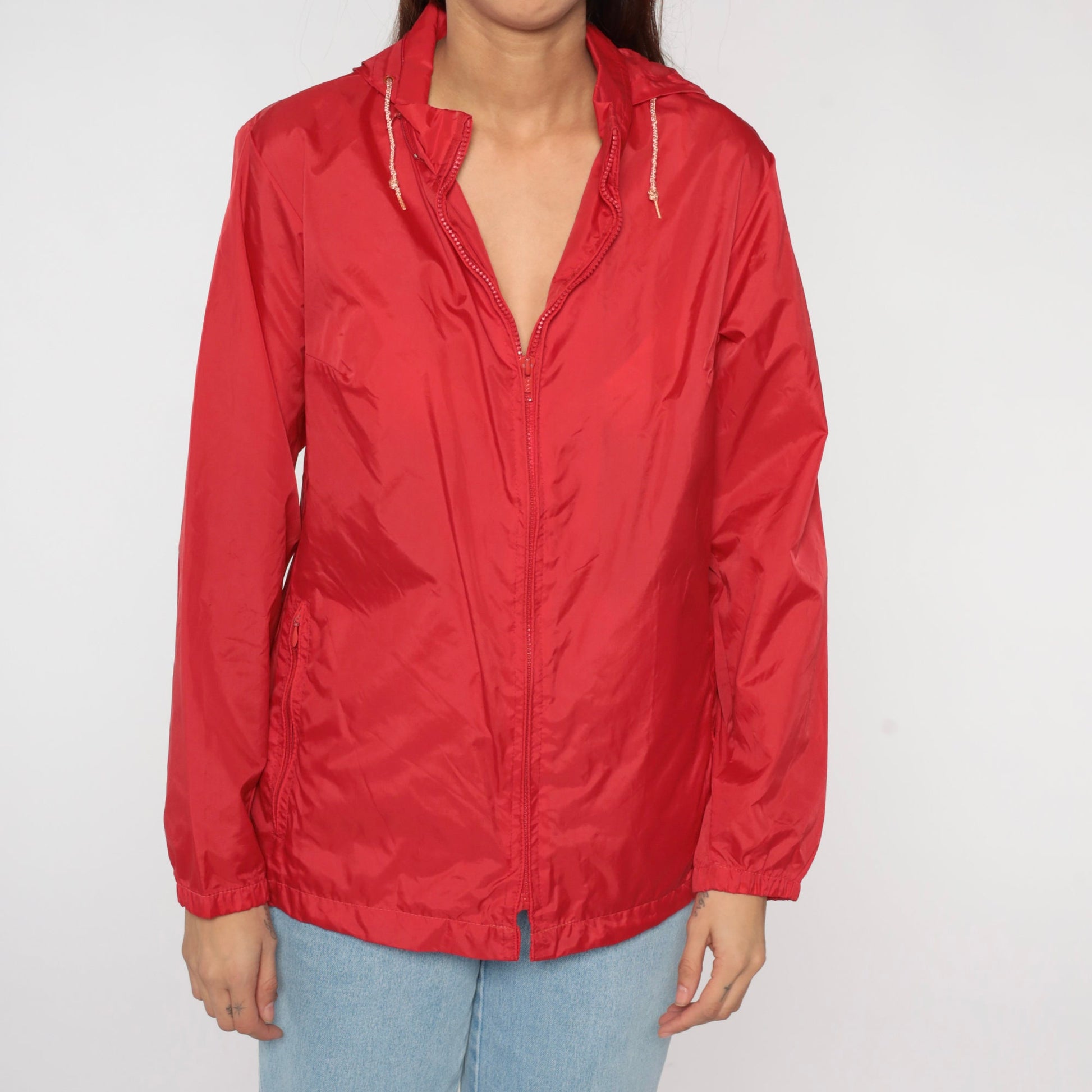 80s LL Bean Red Hooded Windbreaker Nylon Zip Jacket Small