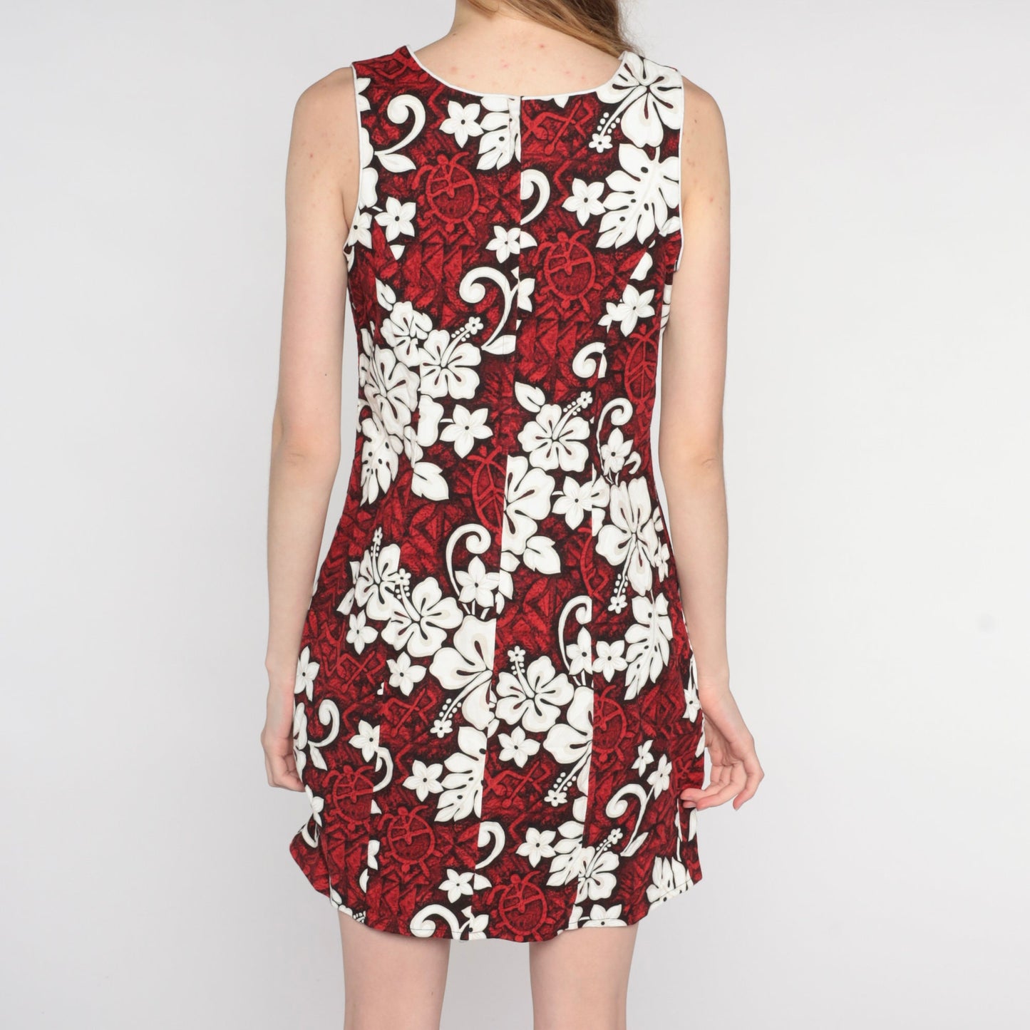 90s Hawaiian Floral Turtle Print Mini Dress Red Cotton Sleeveless Medium